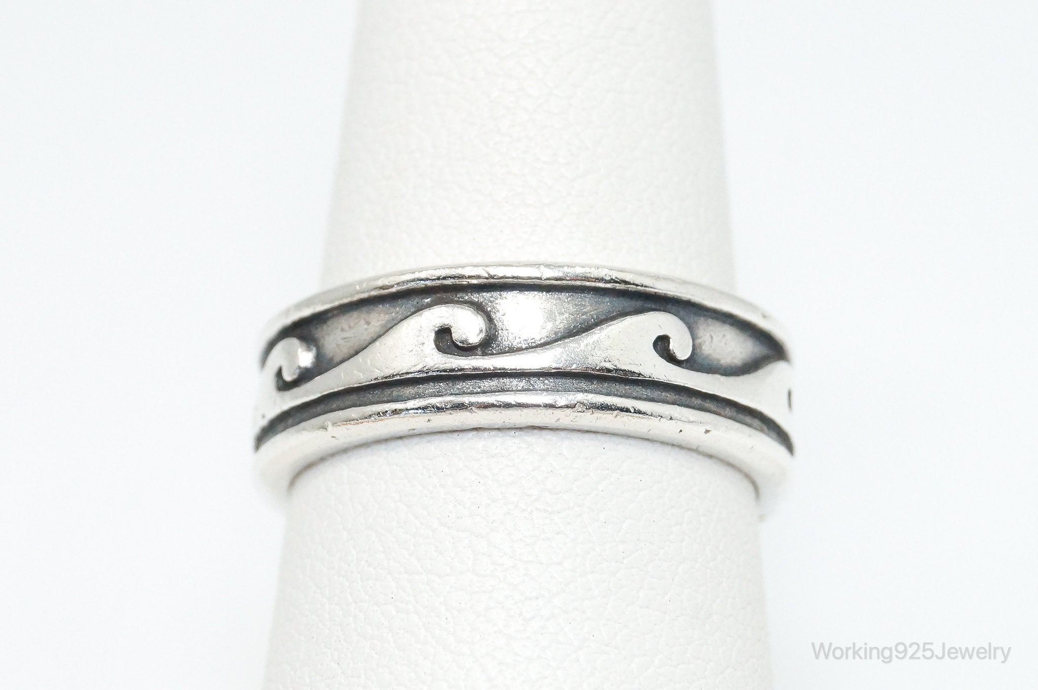 Vintage Mexico Wave Scroll Oxidized Design Sterling Silver Band Ring - Size 8