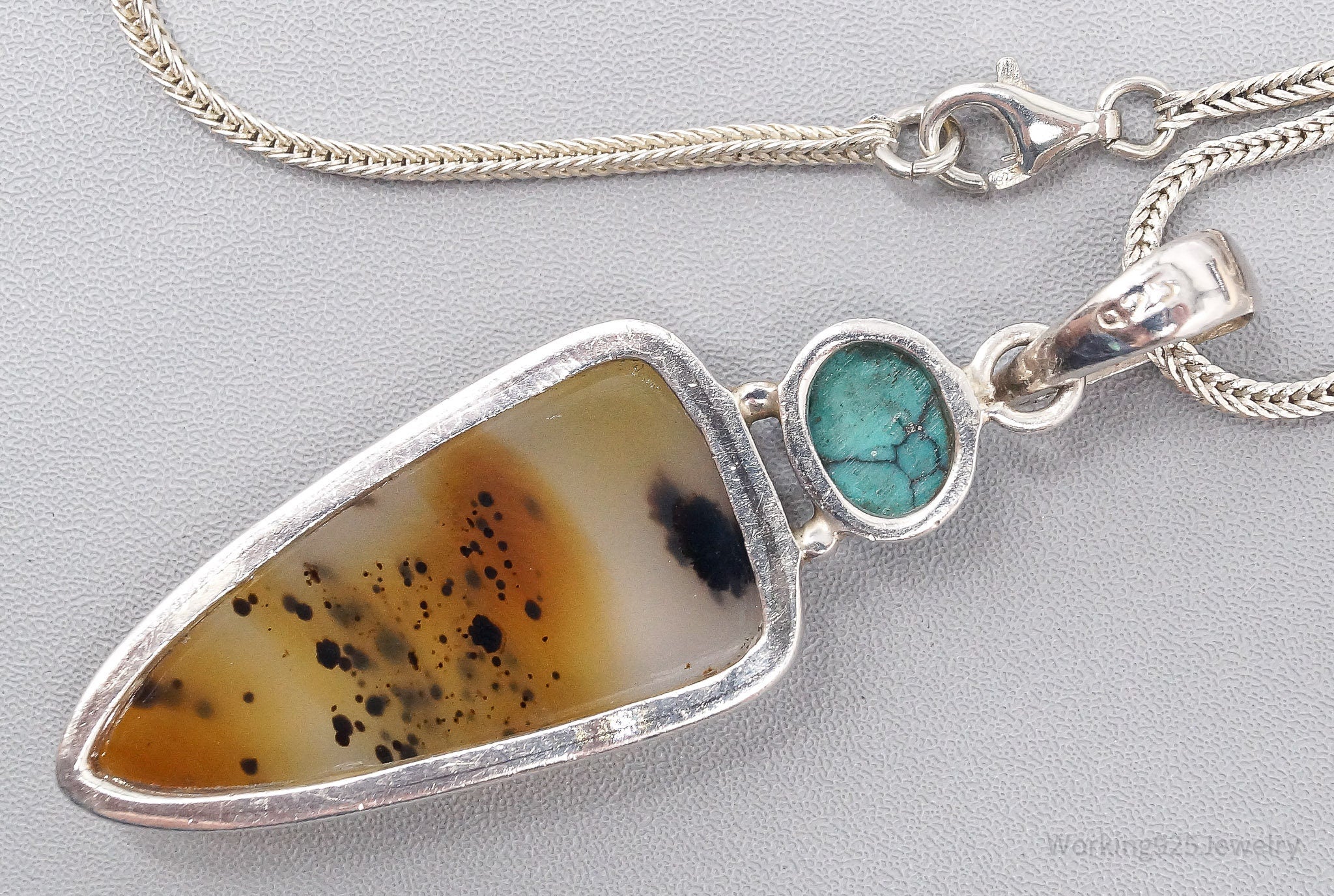 Vintage Agate & Turquoise Sterling Silver Necklace 30"