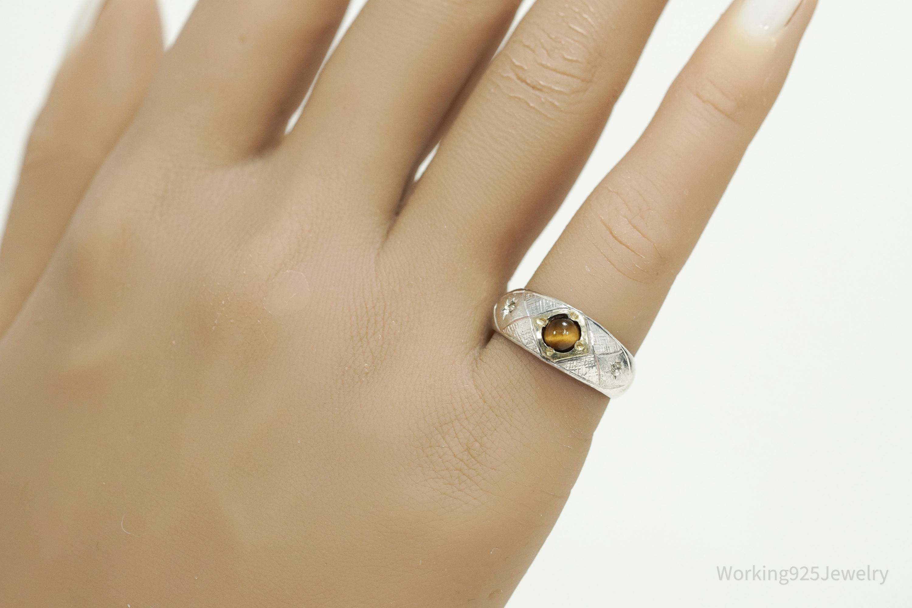 Antique Vintage Tigers Eye Gold Wash Silver Ring - Size 6.25