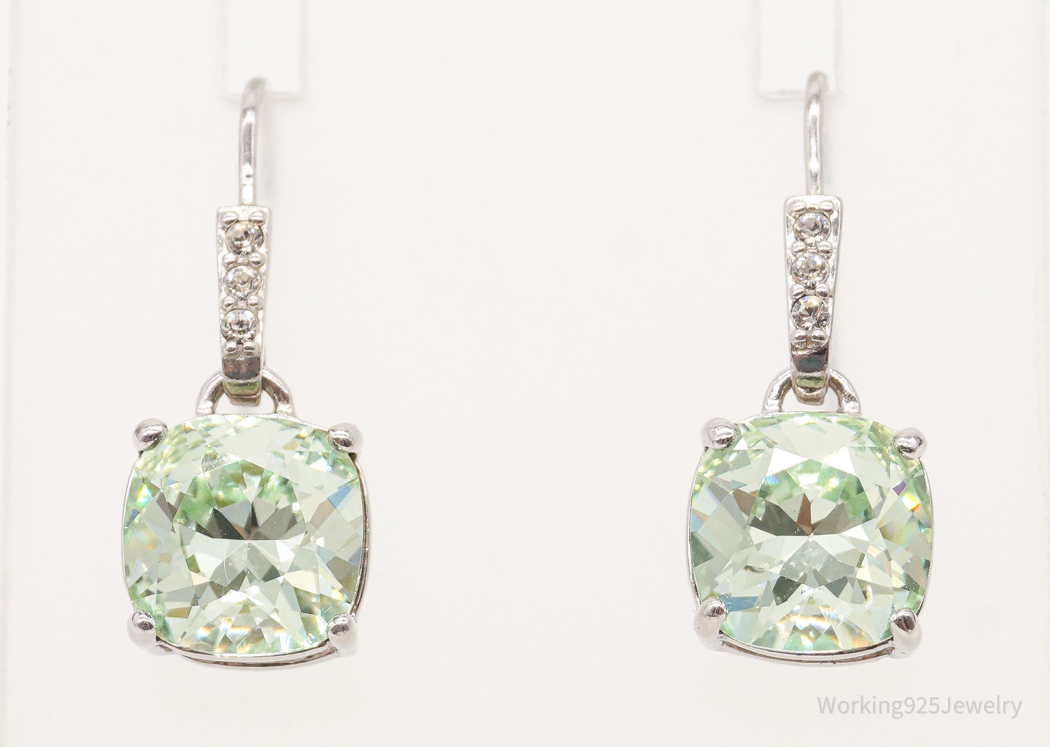 Vintage Large Green Stone Cubic Zirconia Sterling Silver Earrings