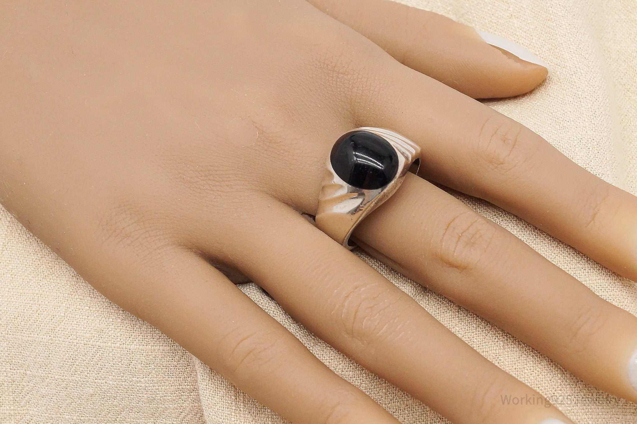 Vintage Mexico Black Onyx Sterling Silver Ring - Size 12.75