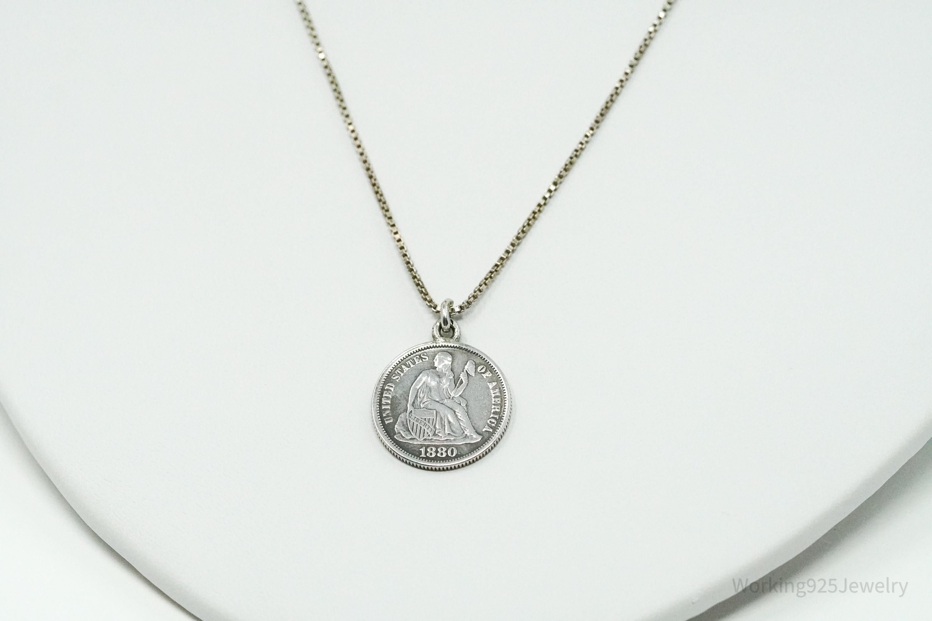Antique Vintage 1880 Seated Liberty Dime Coin Sterling Silver Chain Necklace - 16"