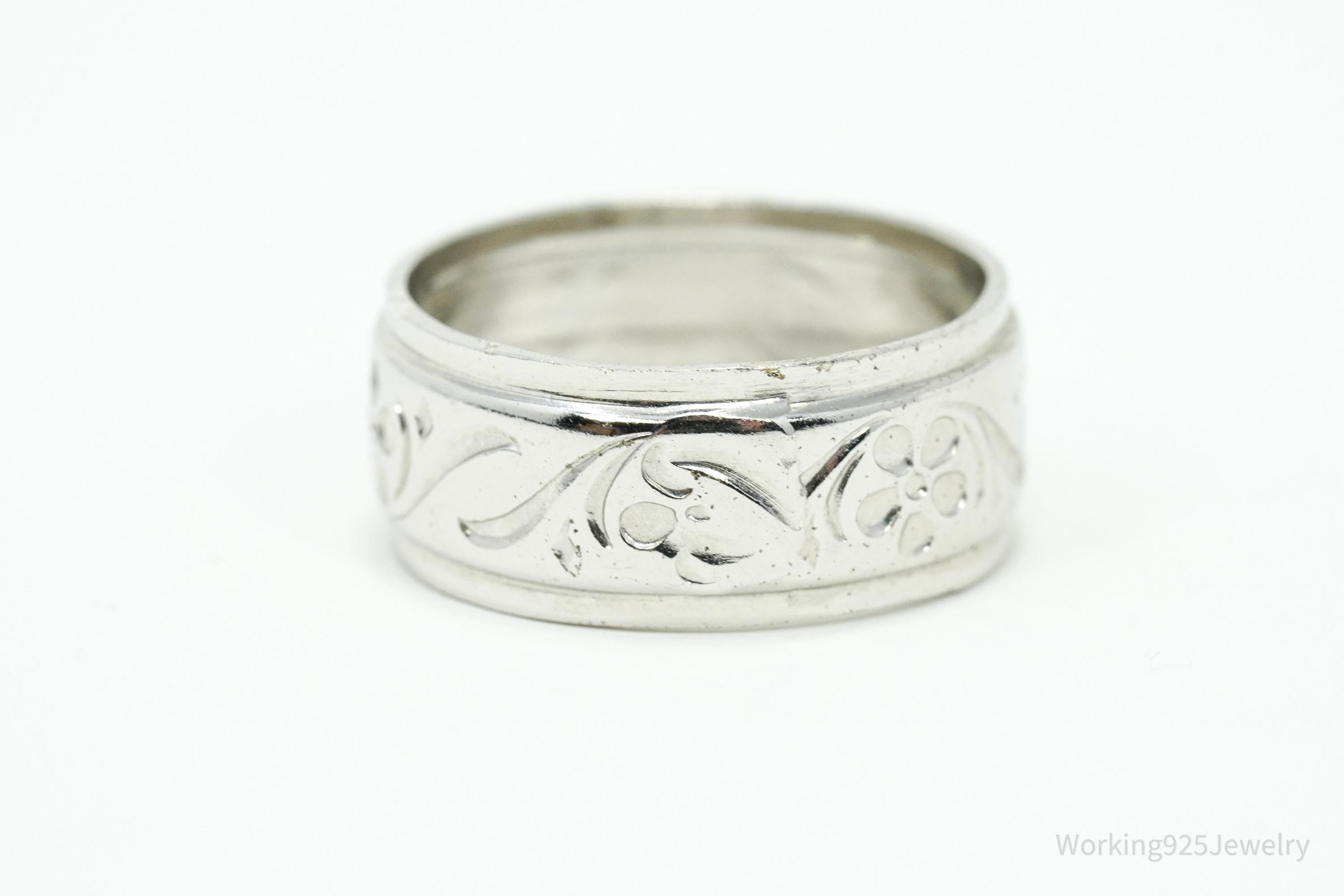 Antique Uncas Mfg. Co. Flowers Sterling Silver Band Ring - Size 5