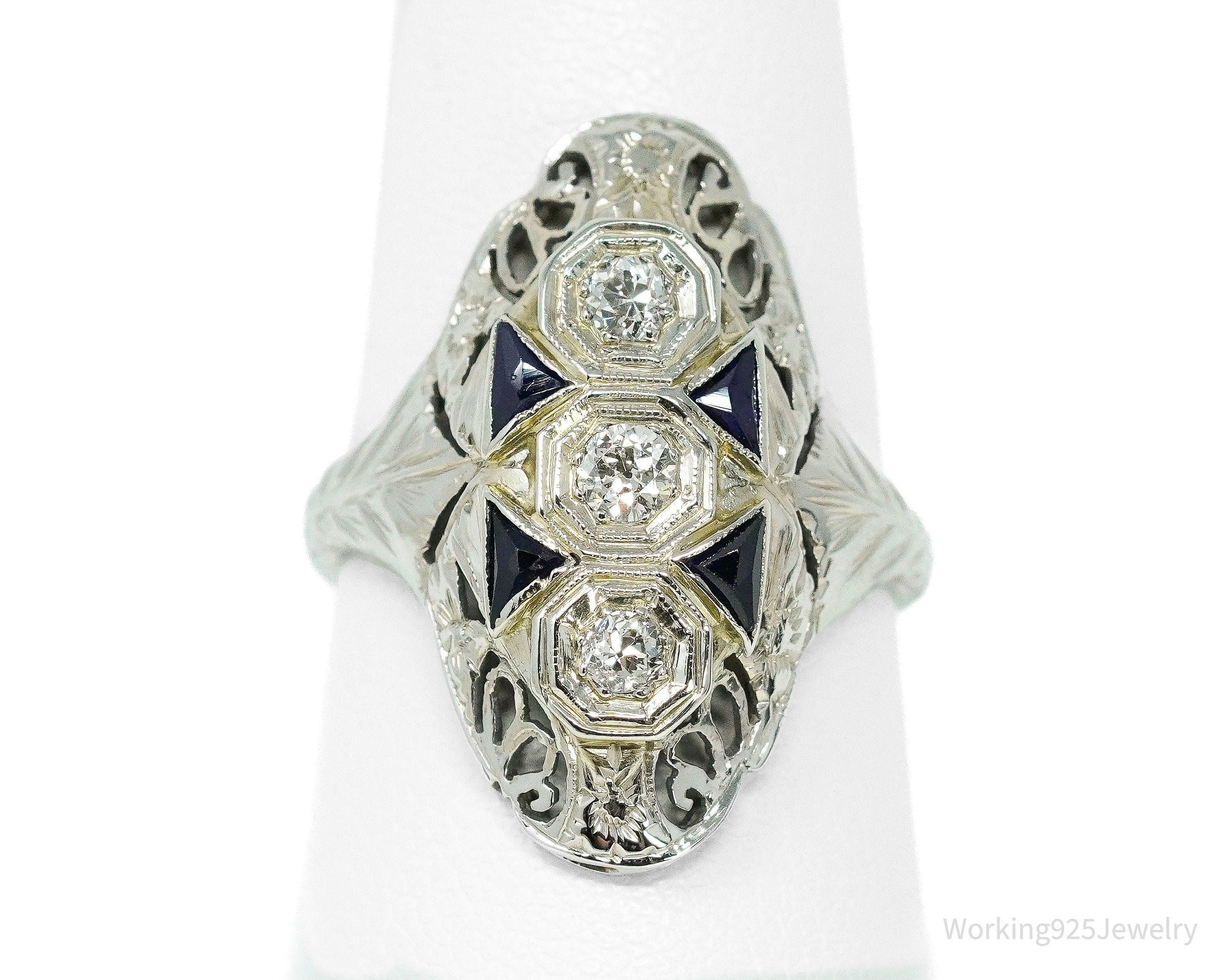 Circa Art Deco Era 18K White Gold, Diamonds And Sapphire Ring - Size 7.5