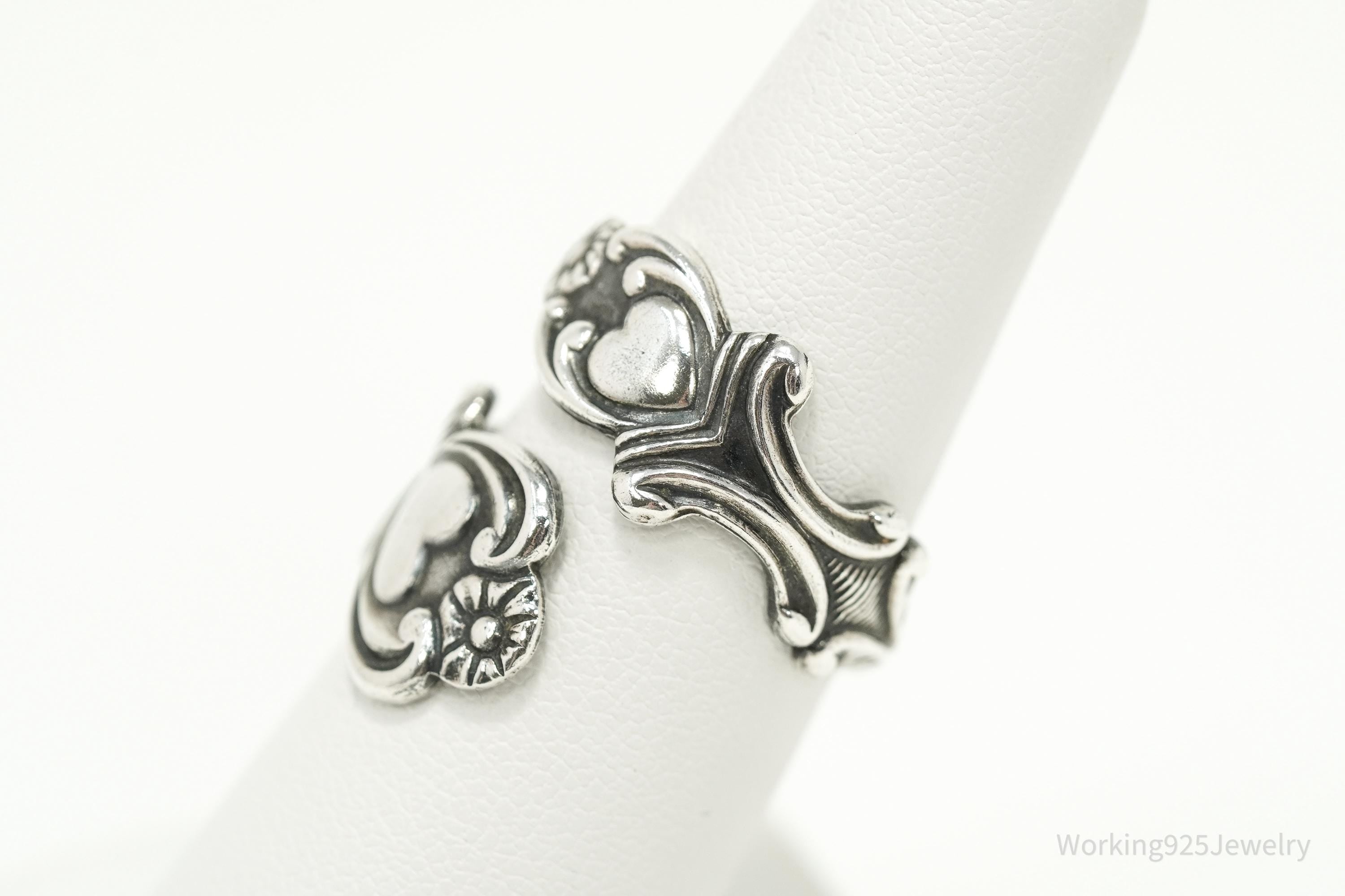 Vintage Avon Hearts & Flowers Sterling Silver Adjustable Wrap Spoon Ring - Size 7.5