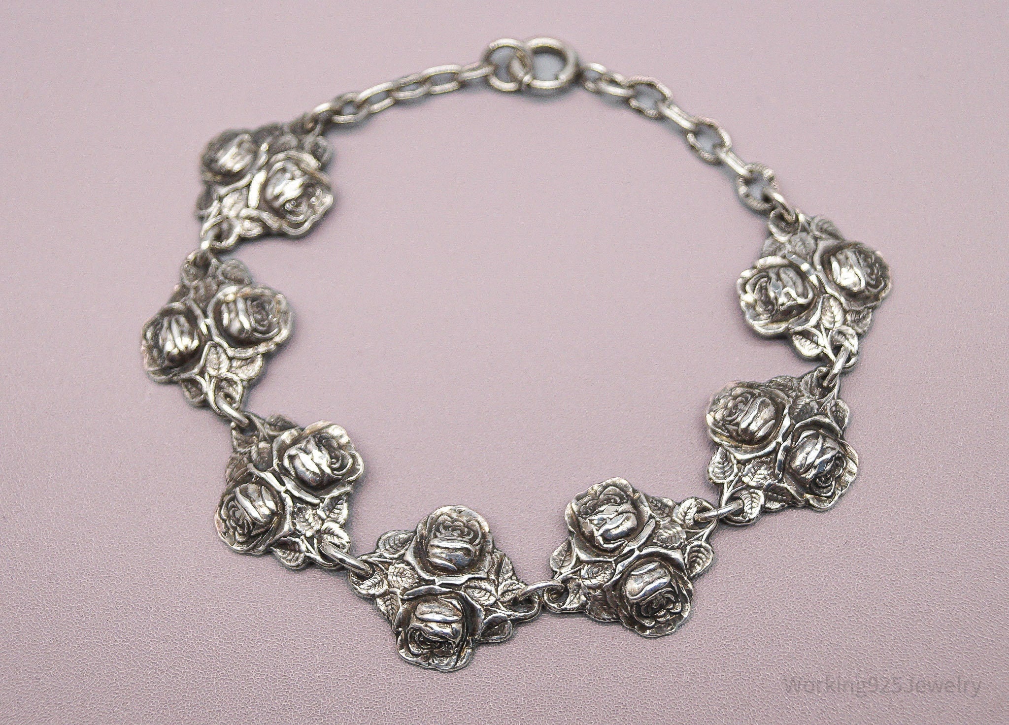 Antique Rosary Roses Mary & Saints Sterling Silver Bracelet - 7 7/8"