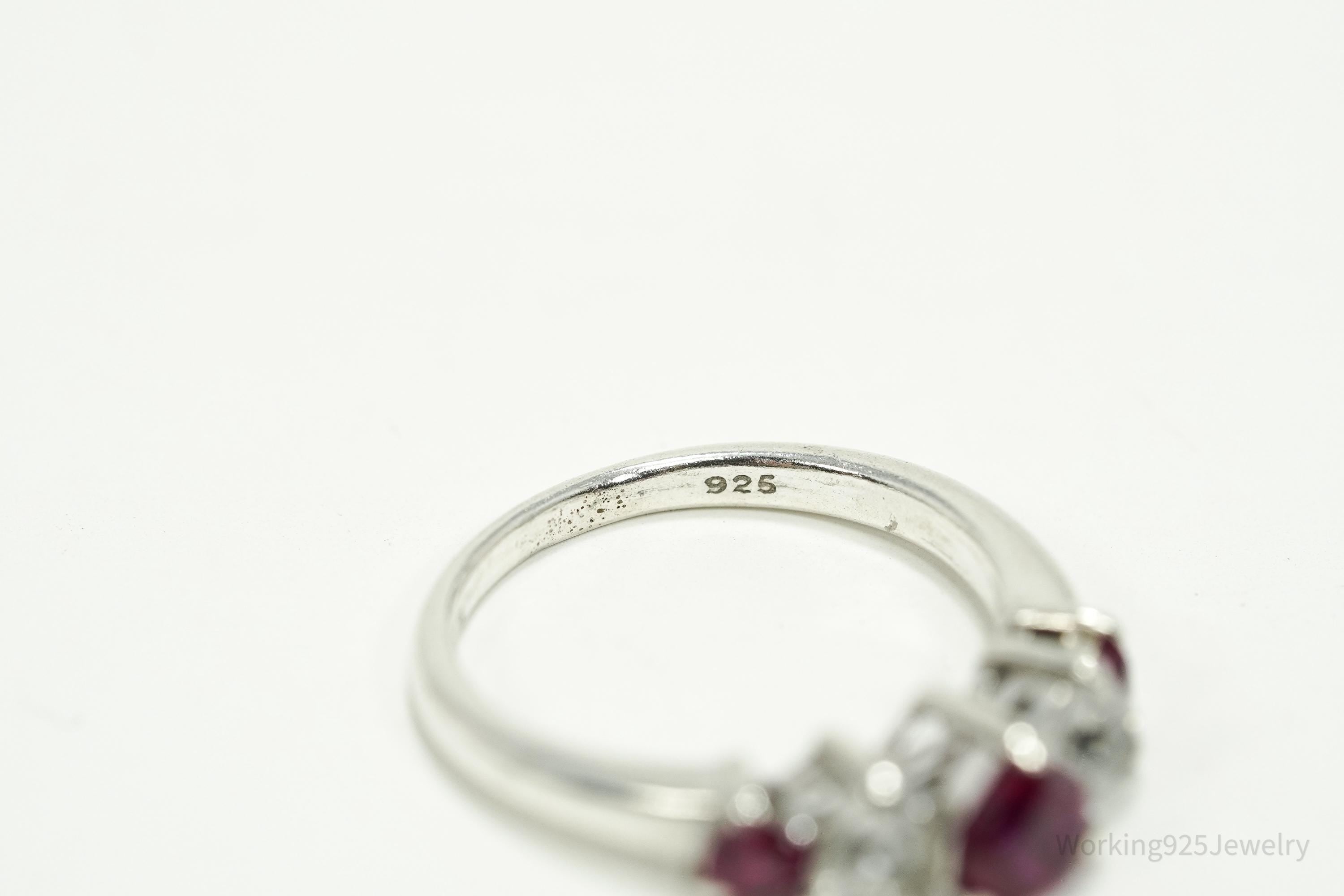 Vintage Ruby & White Topaz Hearts Sterling Silver Ring - Size 5.5