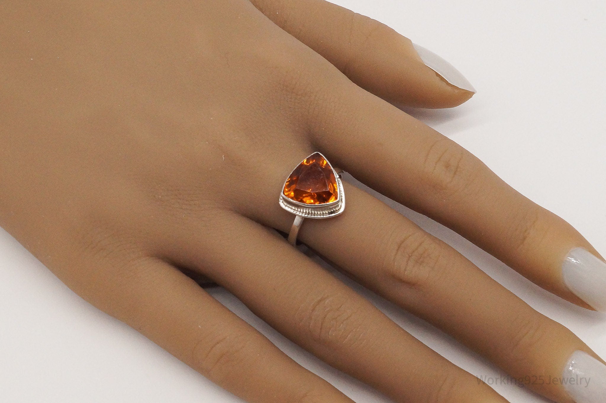 Vintage Large Orange Gemstone Sterling Silver Ring - Size 8.25