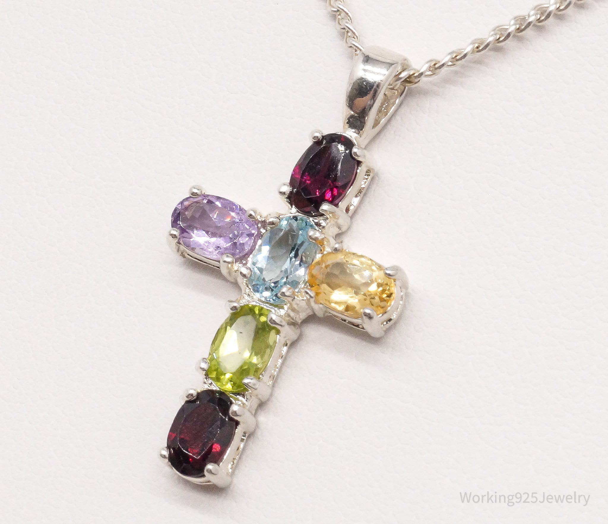 Vintage Multi Gemstone Cross Sterling Silver Necklace 16"