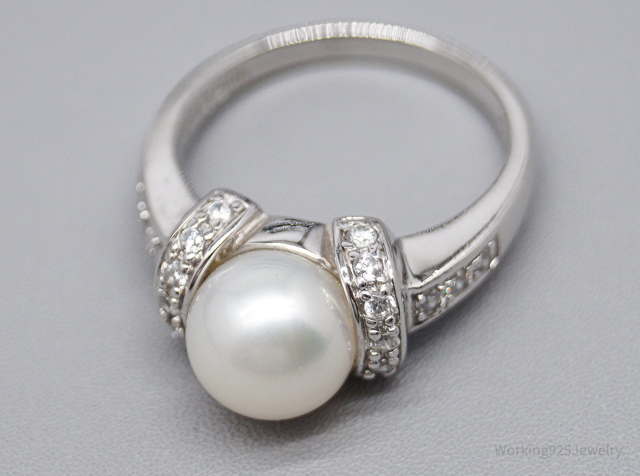 Vintage Ross Simons Pearl & Cubic Zirconia Sterling Silver Ring - Size 7