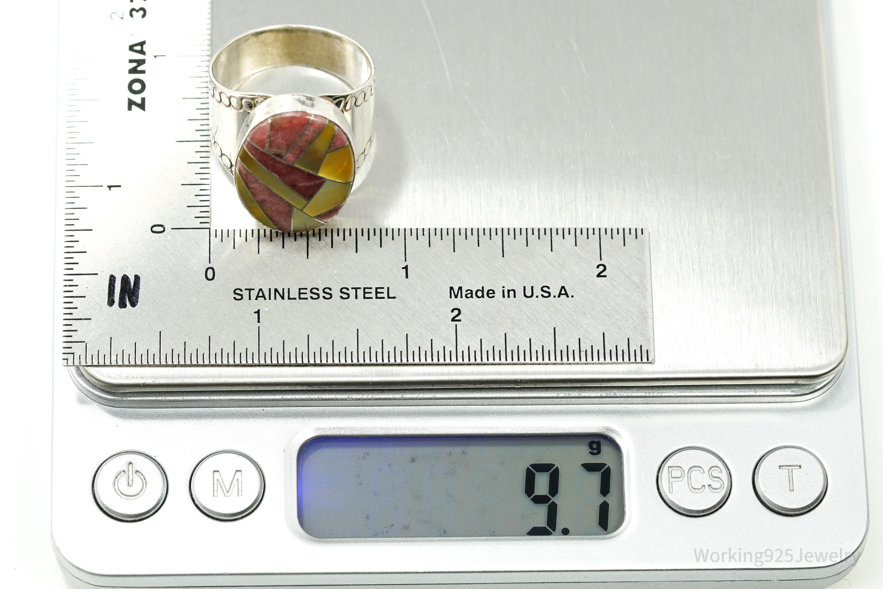 Vintage JAY KING Rhodonite & Mother Of Pearl Inlay Sterling Silver Ring - Size 10.25