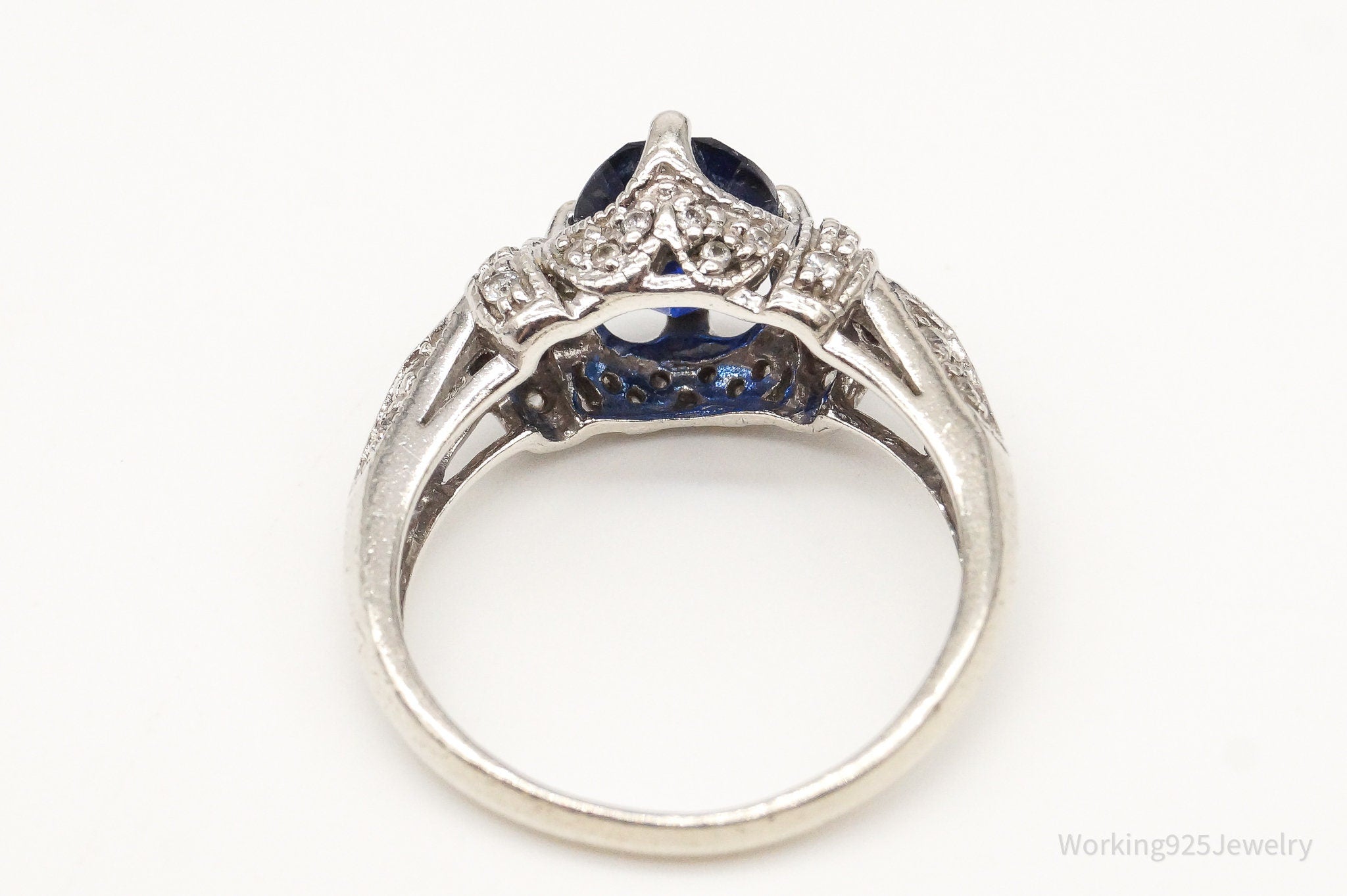 Vintage Lab Sapphire Cubic Zirconia Sterling Silver Ring - Size 6.75