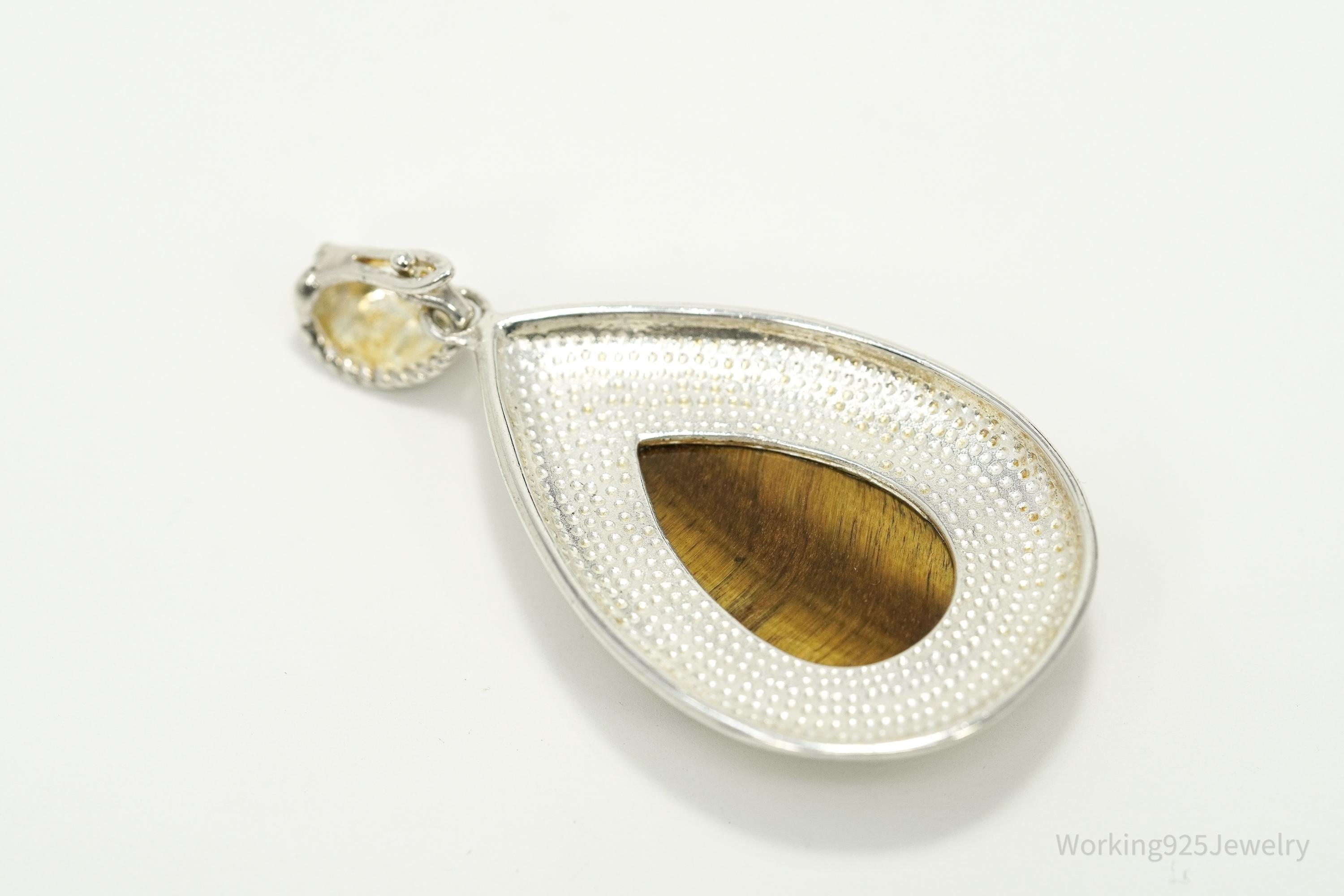 Vintage Large Teardrop Tigers Eye Sterling Silver Necklace Pendant 2"