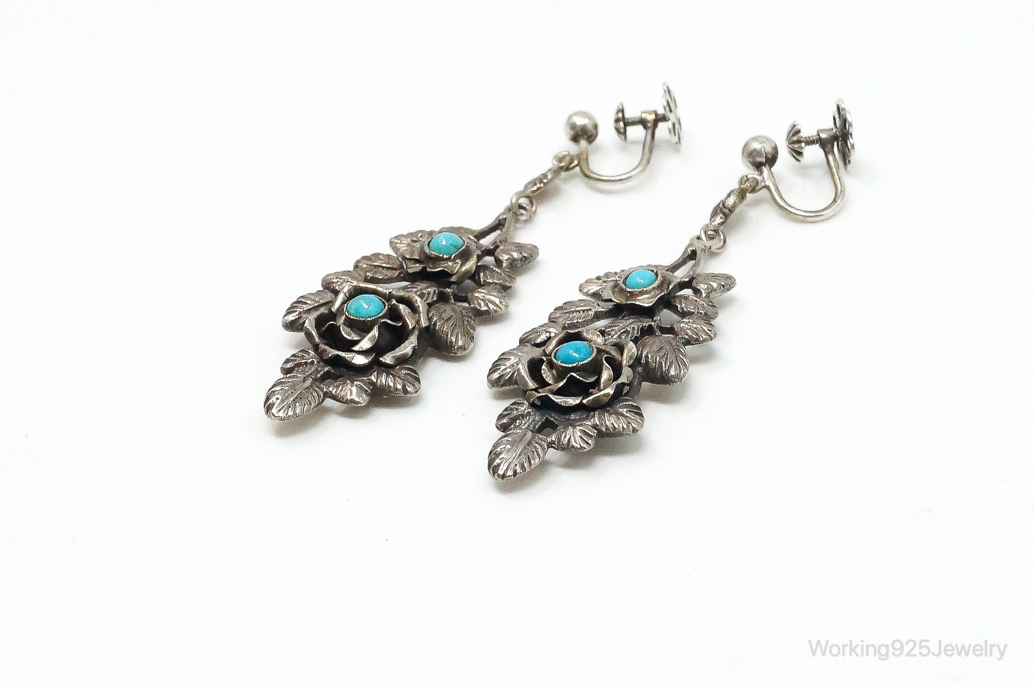 Vintage Screw Back Turquoise Flowers Long 800 Silver Earrings