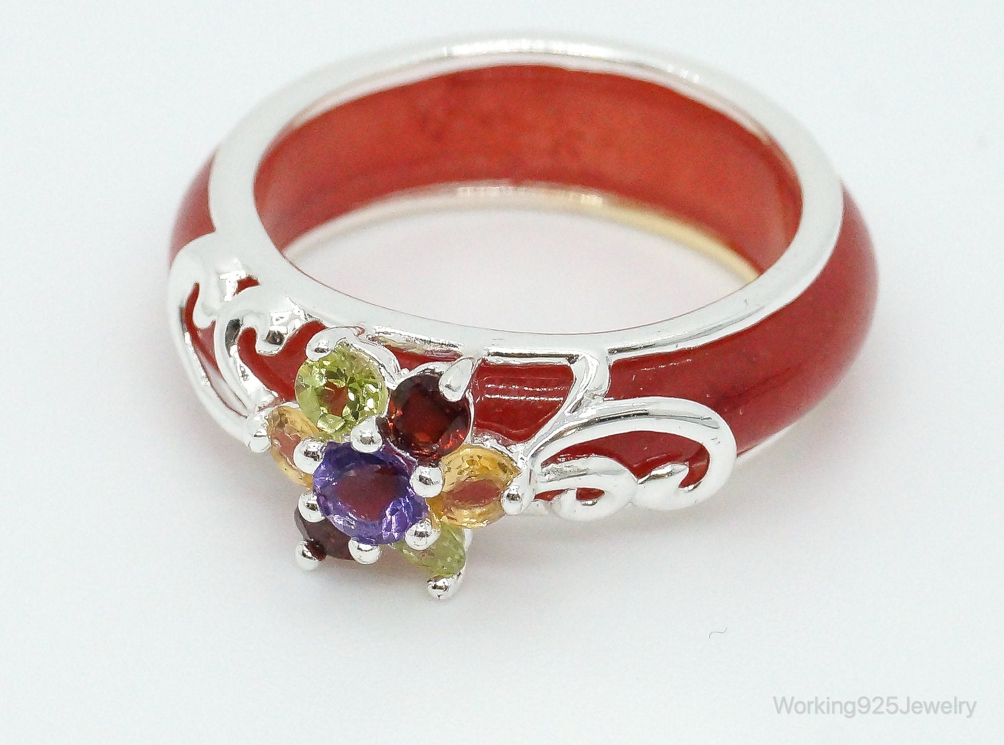 Vintage Red Jade Multi Gem Sterling Silver Ring - Size 9.75