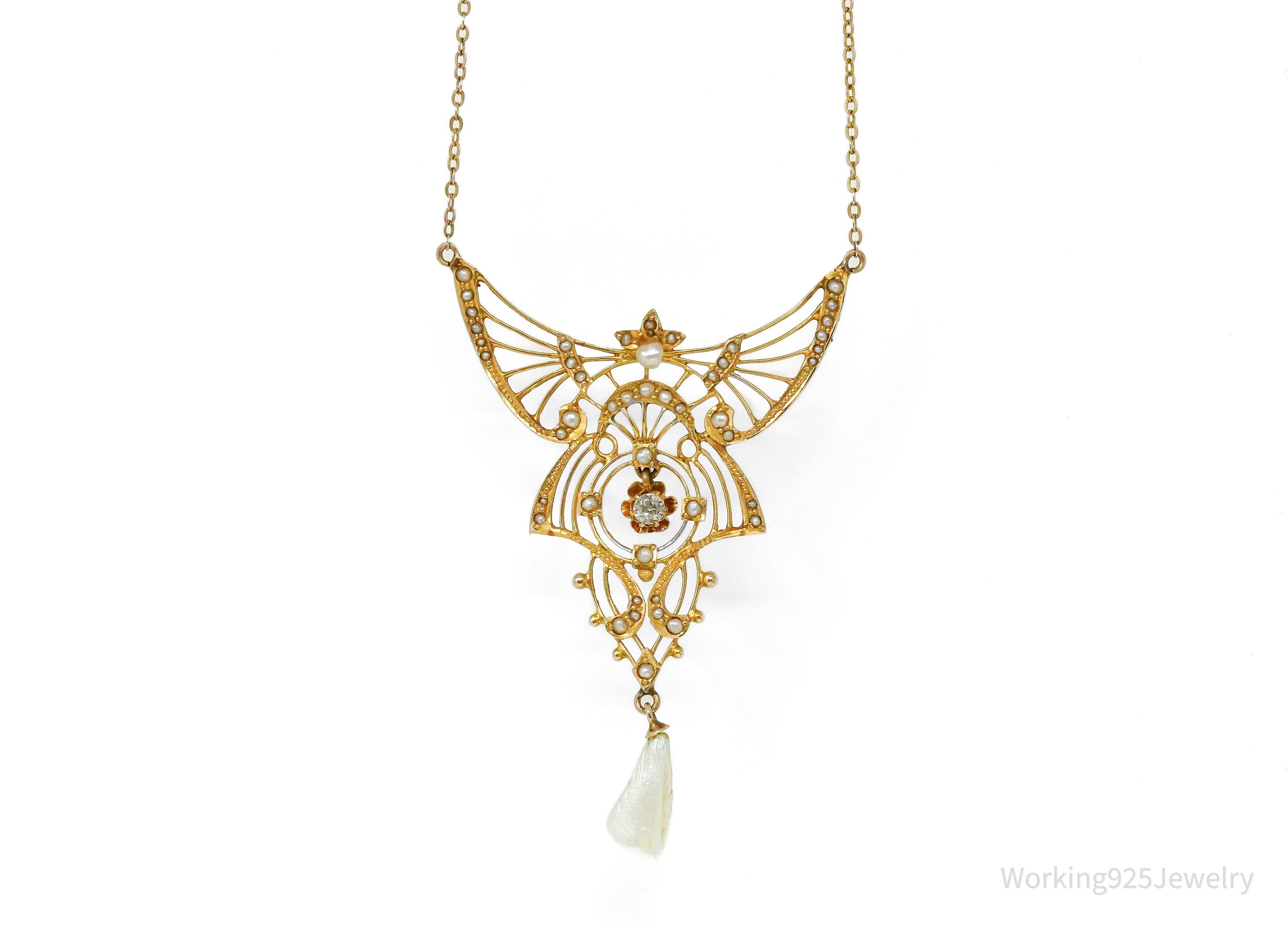 Ornate 14K Yellow Gold, Pearl & Diamond Pendant Necklace - 17"