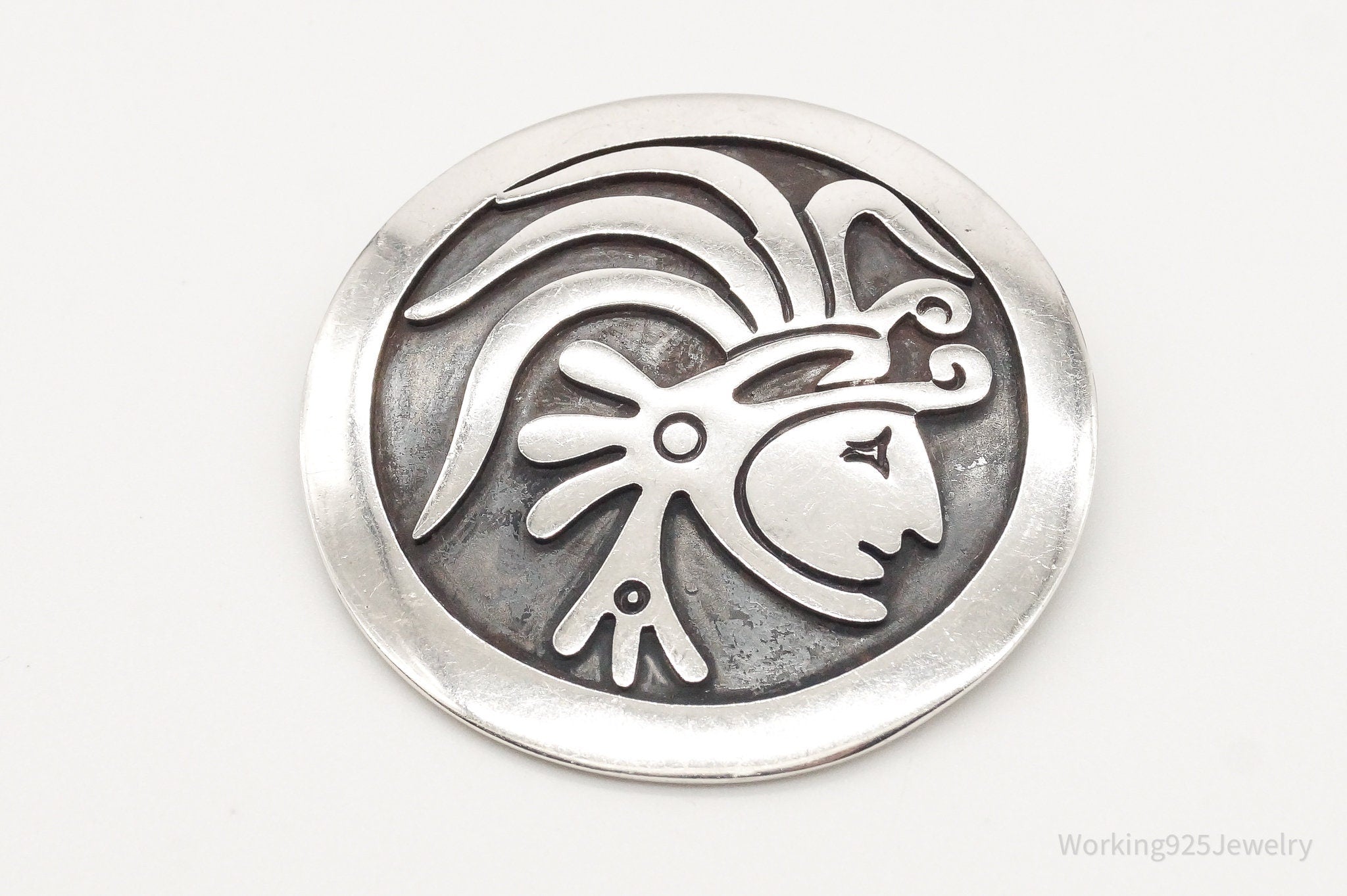 Vintage Large Mexico Mayan Aztec Warrior Sterling Silver Brooch Pin Pendant