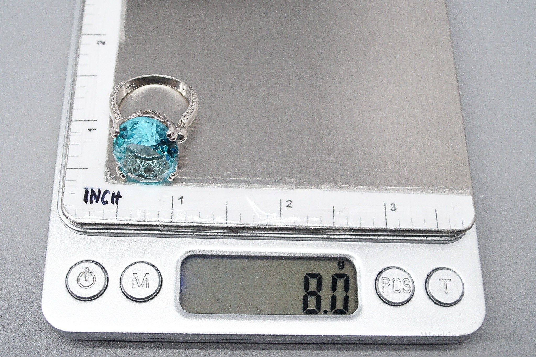 Vintage ATR Large Glass Faux Blue Topaz Sterling Silver Ring - Size 7.25