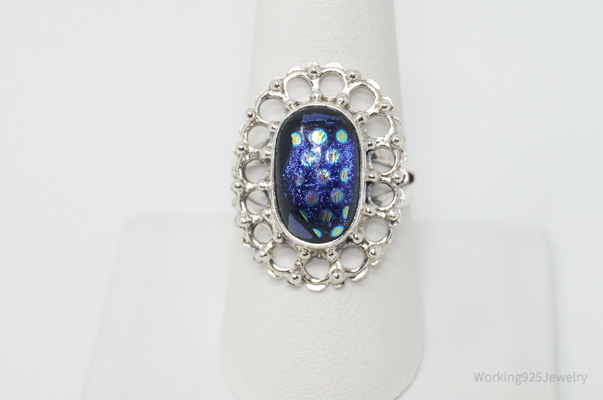 Vintage Dichroic Glass Modern Flower Sterling Silver Ring - Sz 8.75