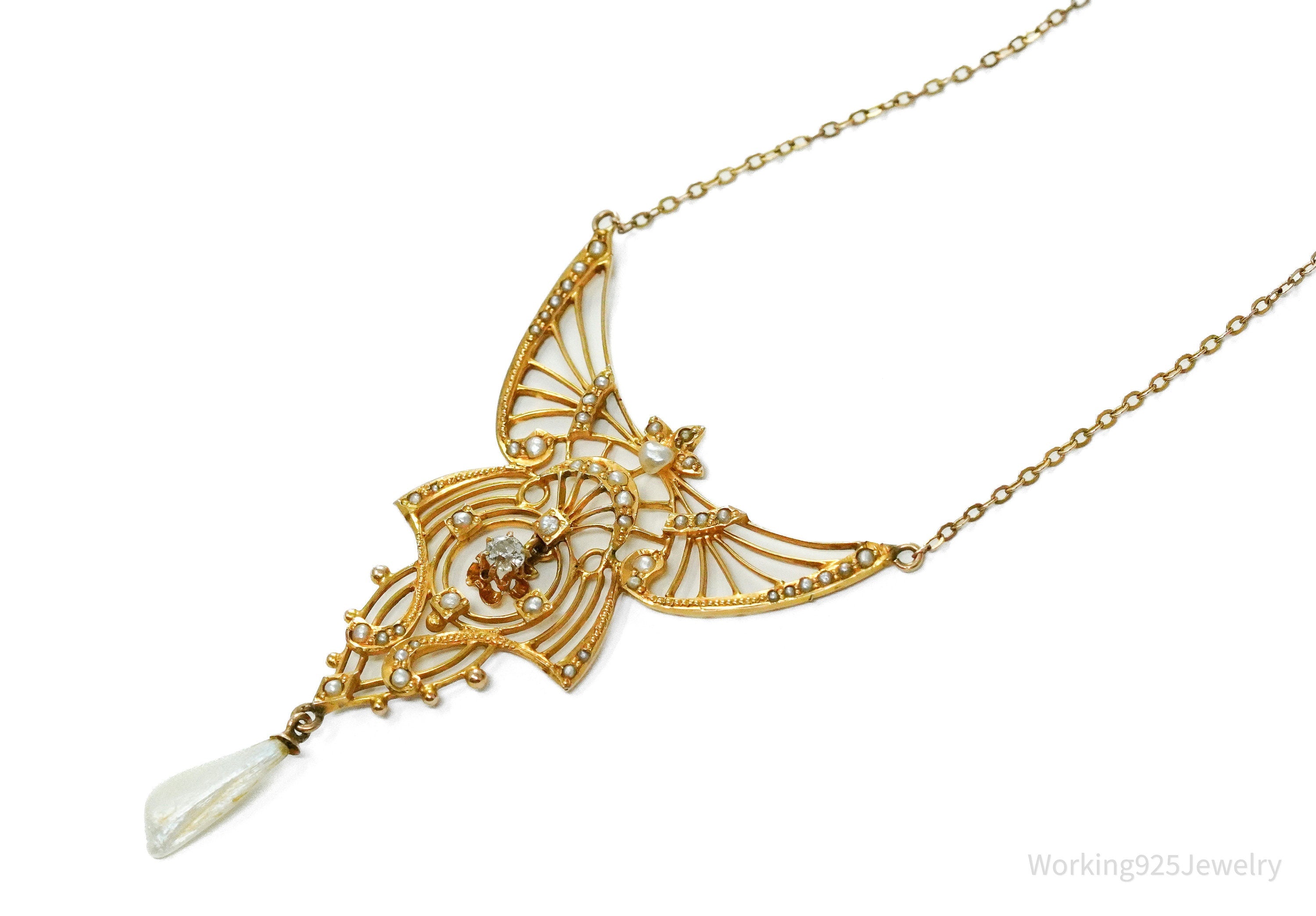 Ornate 14K Yellow Gold, Pearl & Diamond Pendant Necklace - 17"