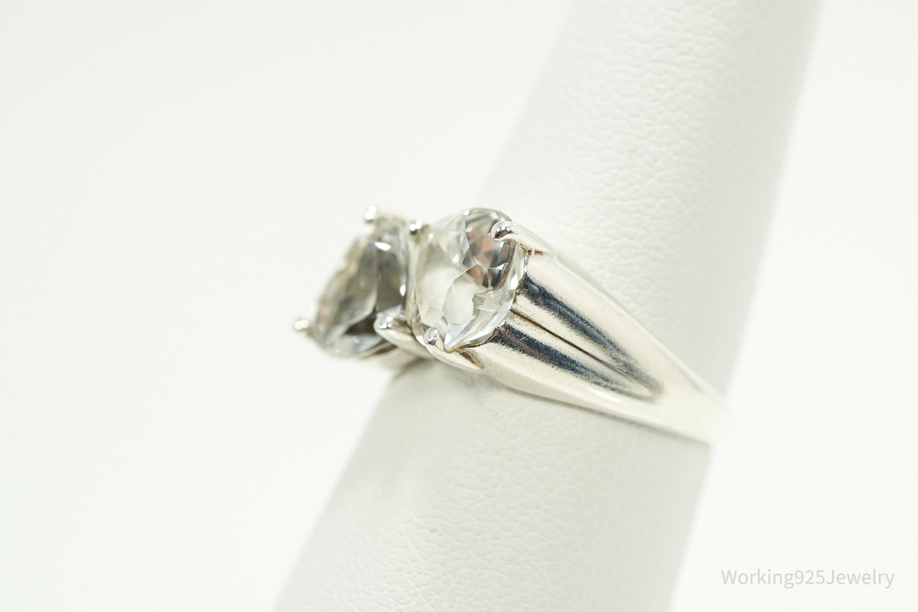 Vintage White Topaz Linked Hearts Sterling Silver Ring - Size 6