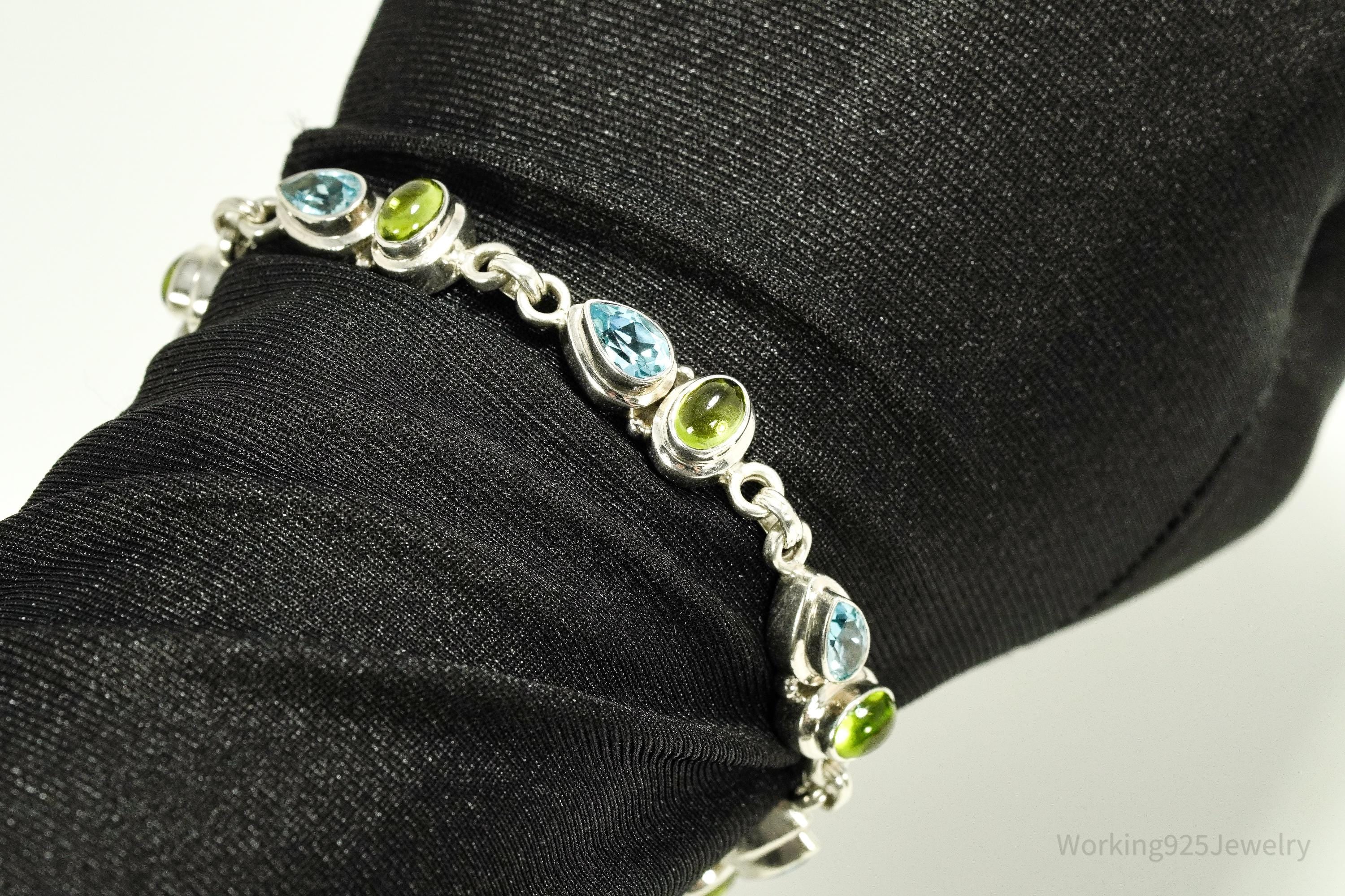 Vintage Blue Topaz & Peridot Sterling Silver Toggle Bracelet 8 1/8"