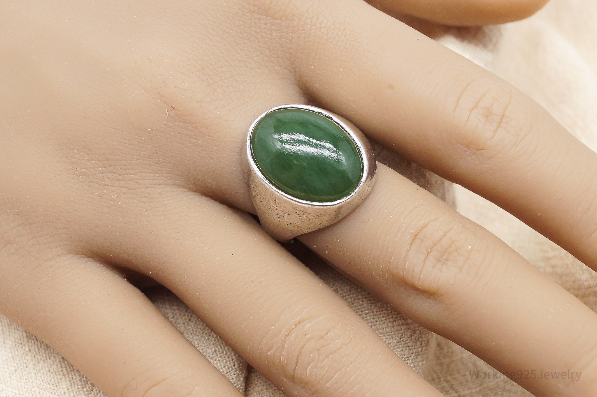 Antique Nephrite Jade Sterling Silver Ring - Size 10