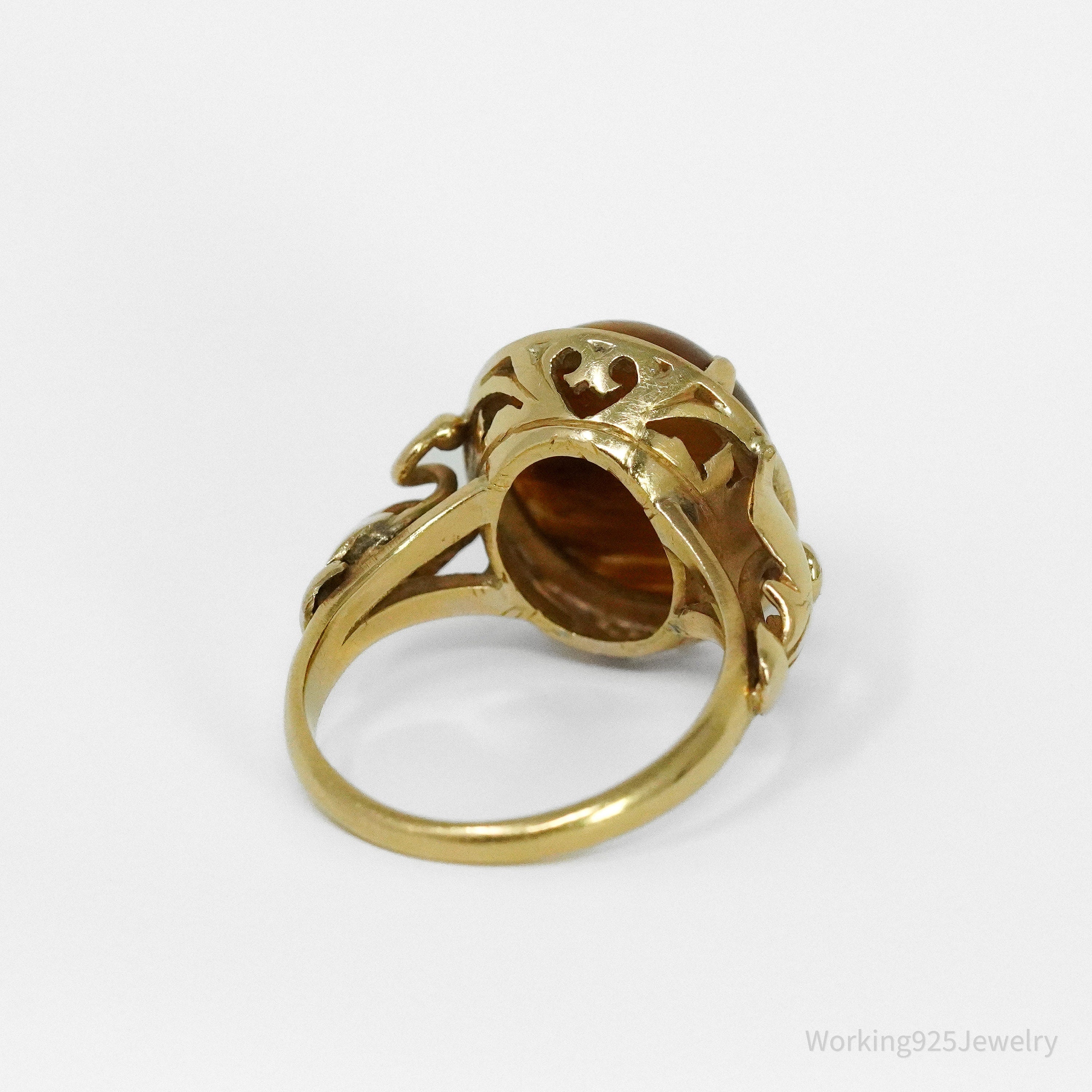 14K Yellow Gold & Tiger's Eye Cabochon Four Prong Ring - Size 6