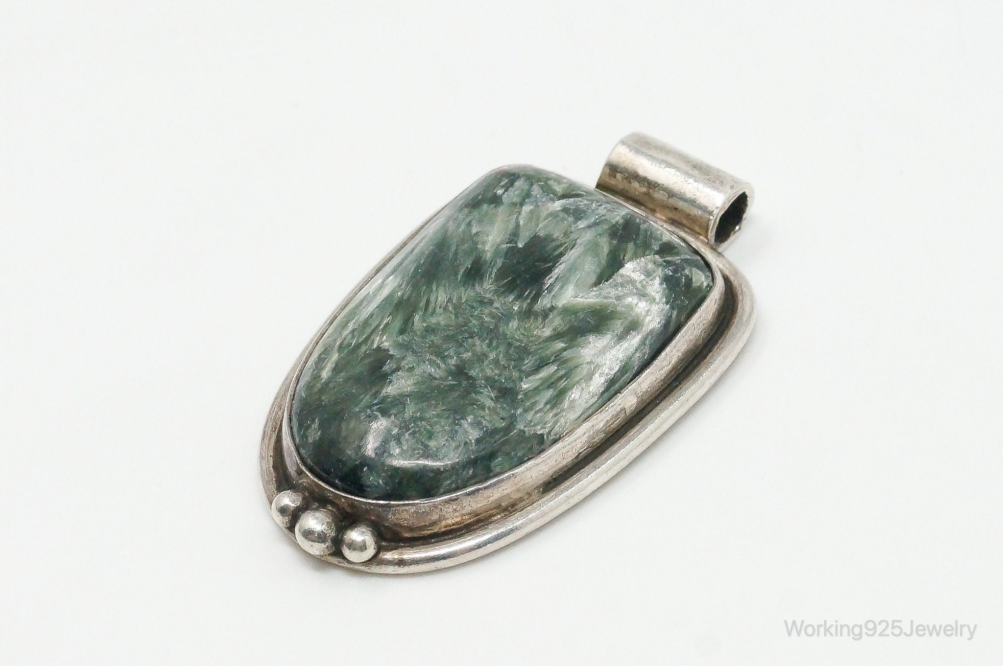 Vintage Large Green Seraphinite Sterling Silver Necklace Pendant