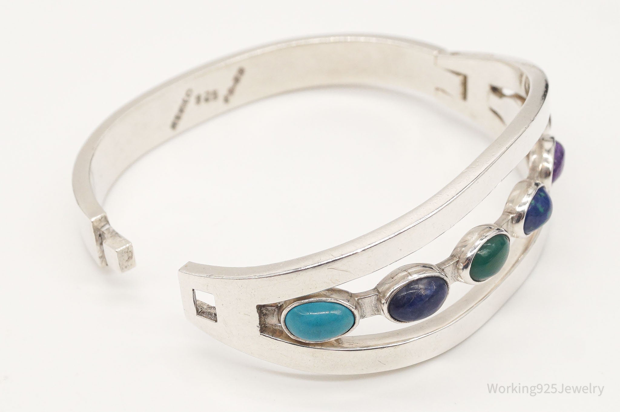 Vintage Mexico Multi Gemstone Sterling Silver Bracelet - Pressure Release Clasp