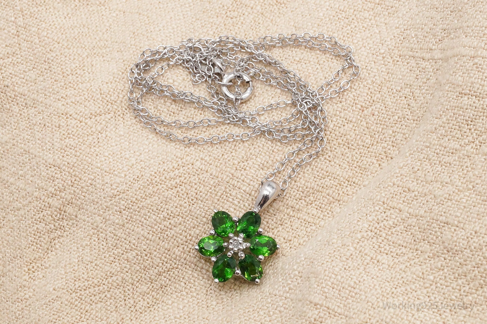 Vintage Green Chrome Diopside Diamond Sterling Silver Flower Necklace 18"