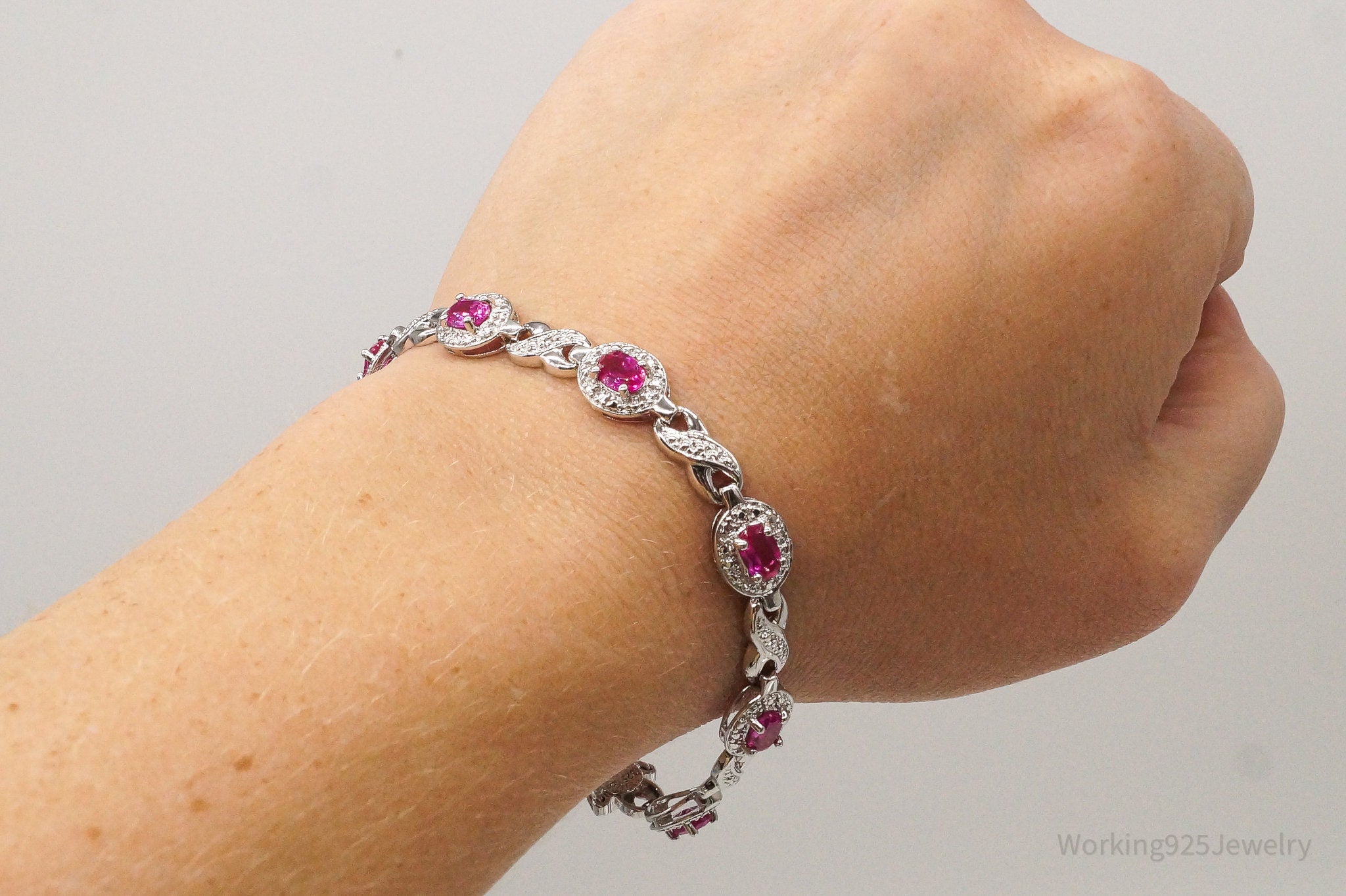 Designer Ross Simons Single Diamond Pink Topaz Sterling Silver Bracelet