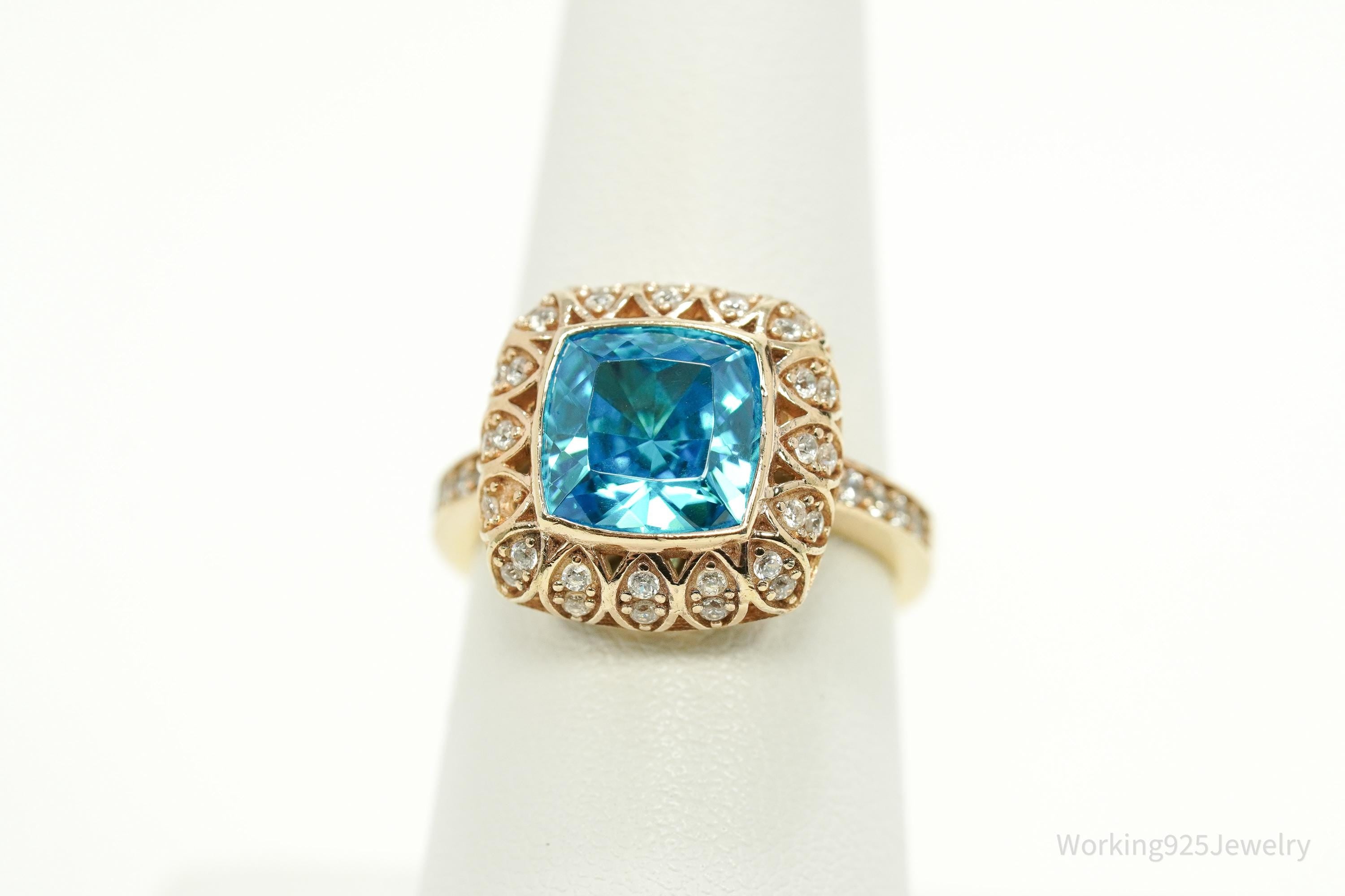 Vintage Blue Tourmaline & Cubic Zirconia Gold Vermeil Sterling Silver Ring - Size 7.25