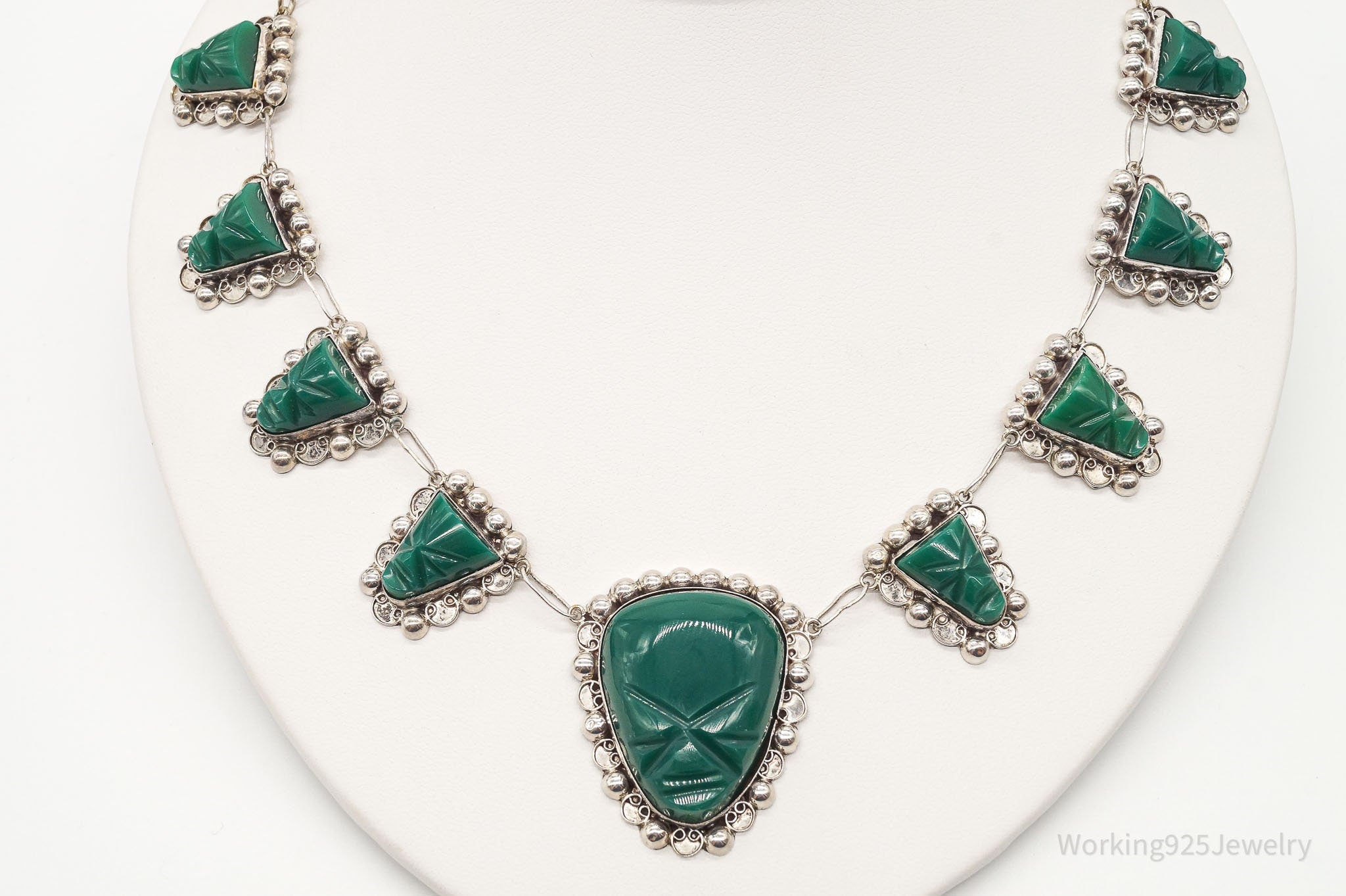 Vintage Mexico Green Onyx Carved Masks Sterling Silver Necklace