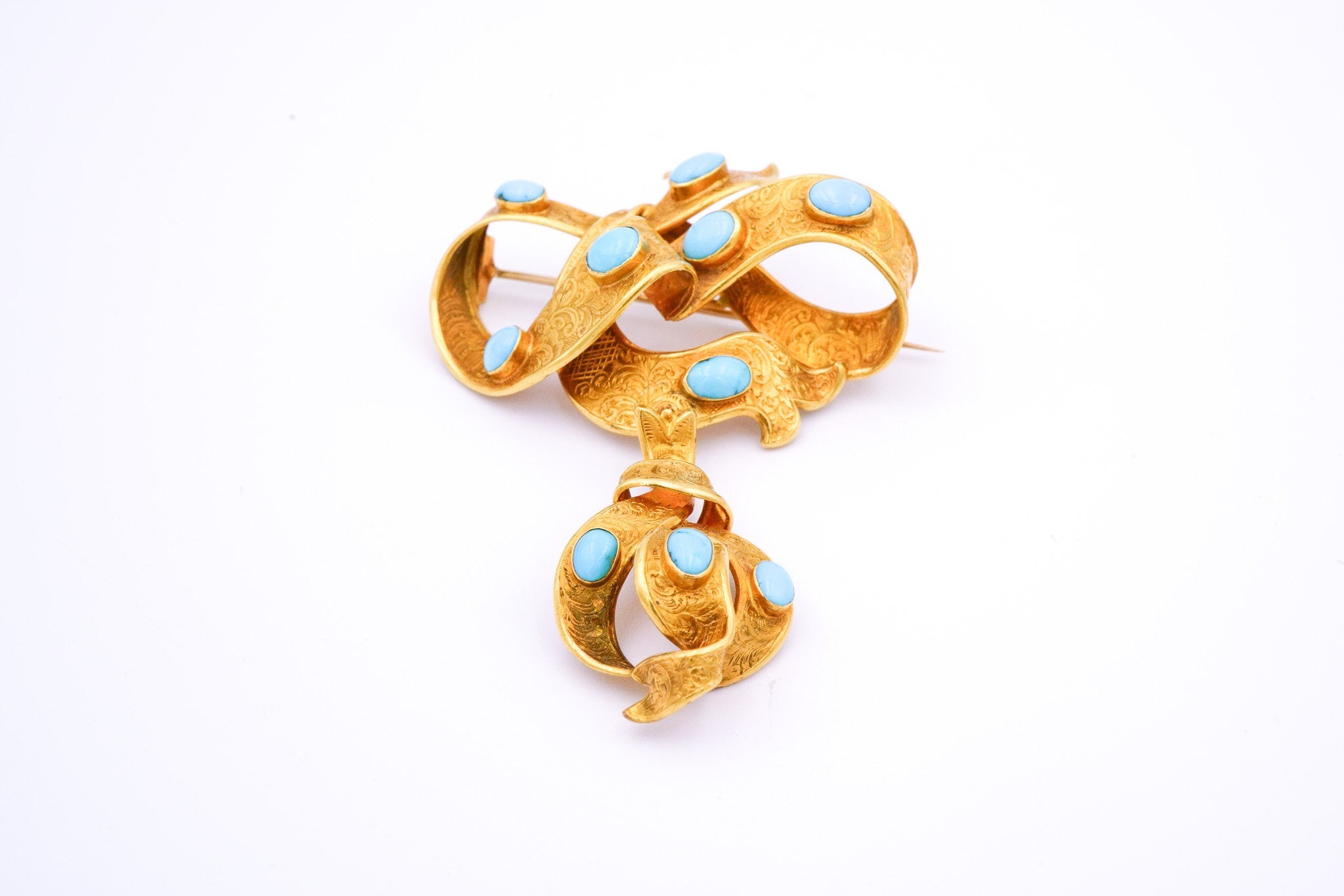 Victorian 18K Yellow Gold & Turquoise Cabochon Brooch