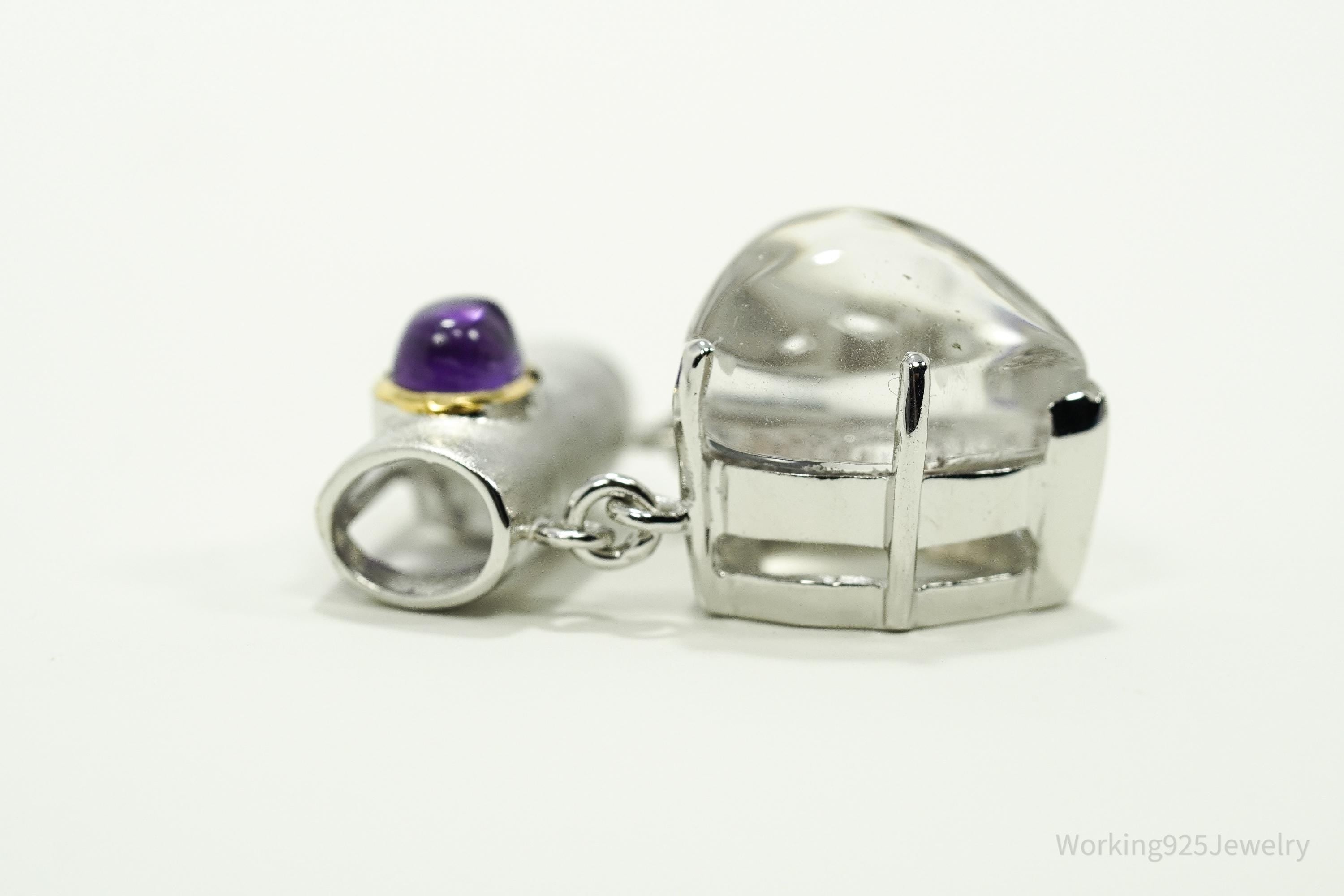 Vintage Amethyst & Crystal Heart Gold Vermeil Sterling Silver Necklace Pendant