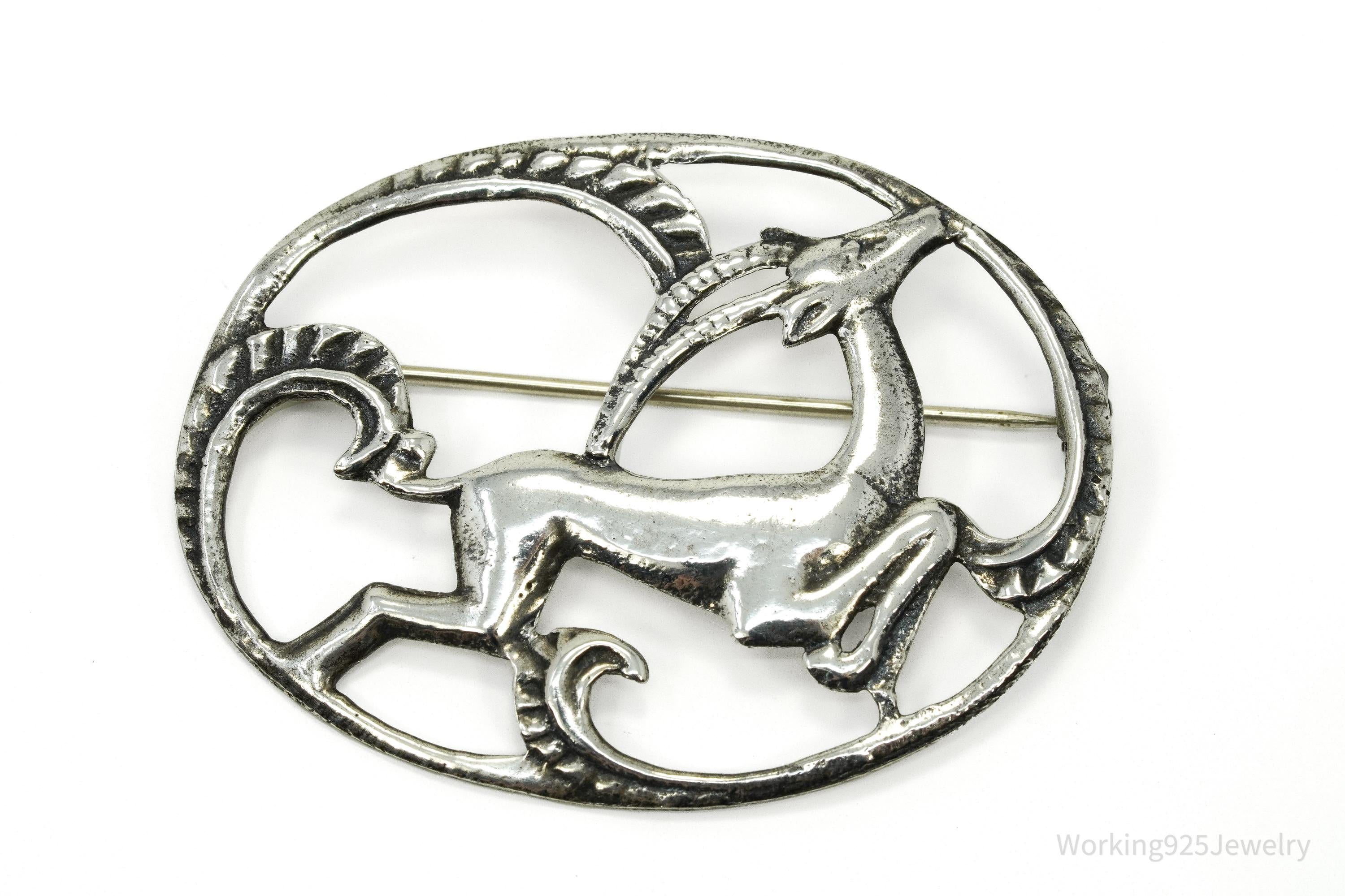 Large Antique Gazelle Sterling Silver Brooch Pin