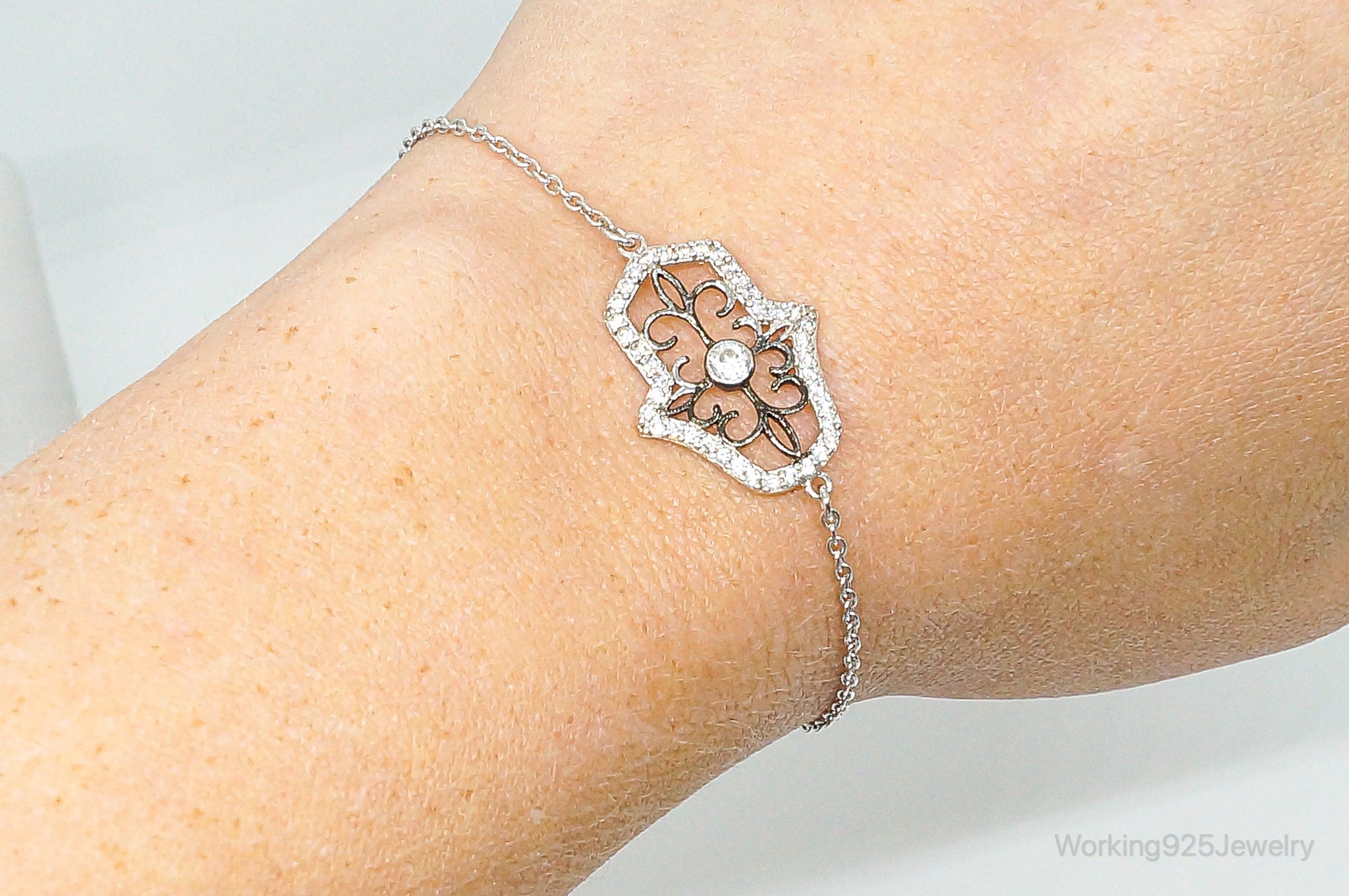 Hand Of Fatima Cubic Zirconia Sterling Silver Bracelet