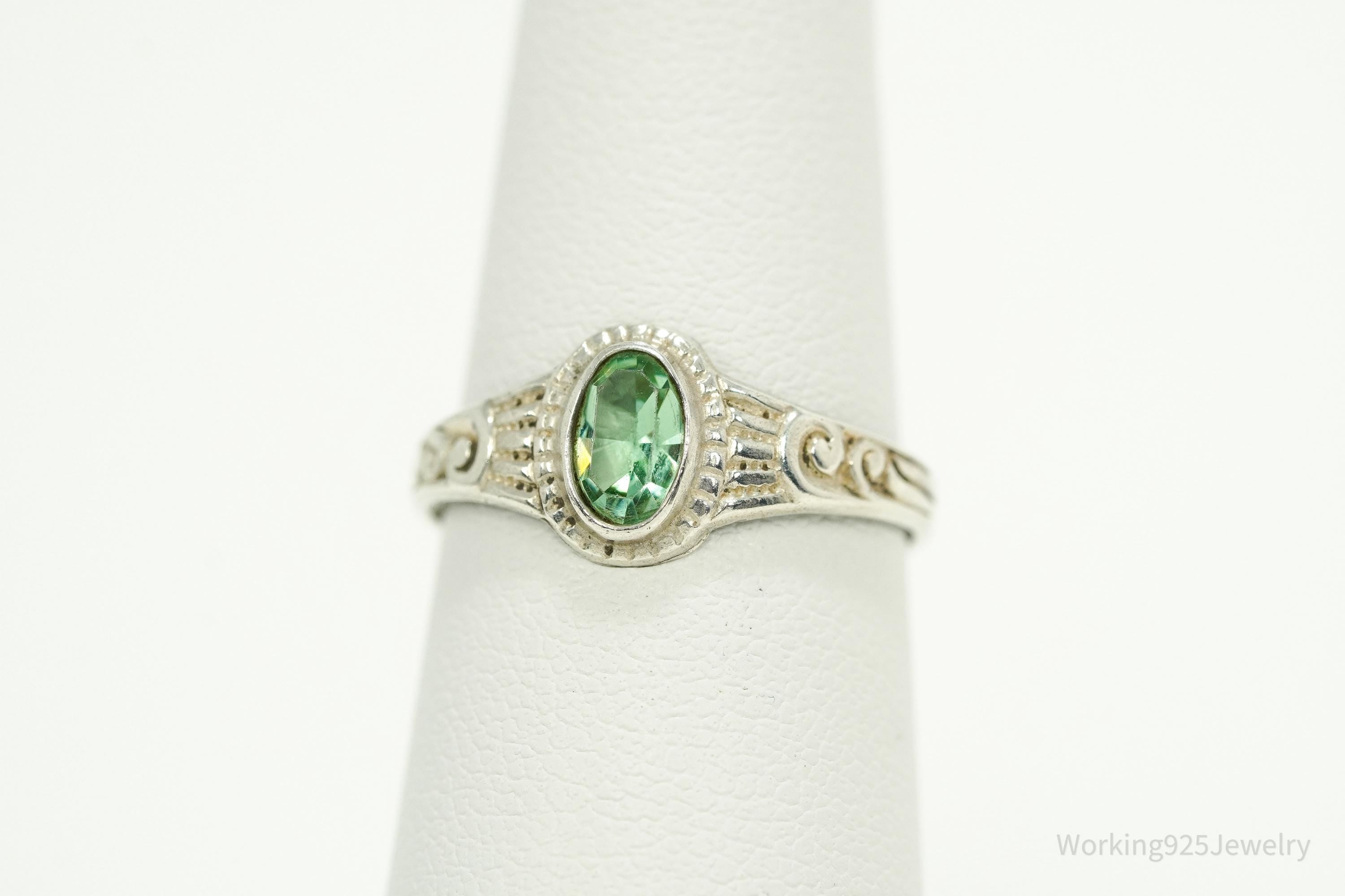 Antique Designer Uncas Green Glass Stone Sterling Silver Ring - Size 6