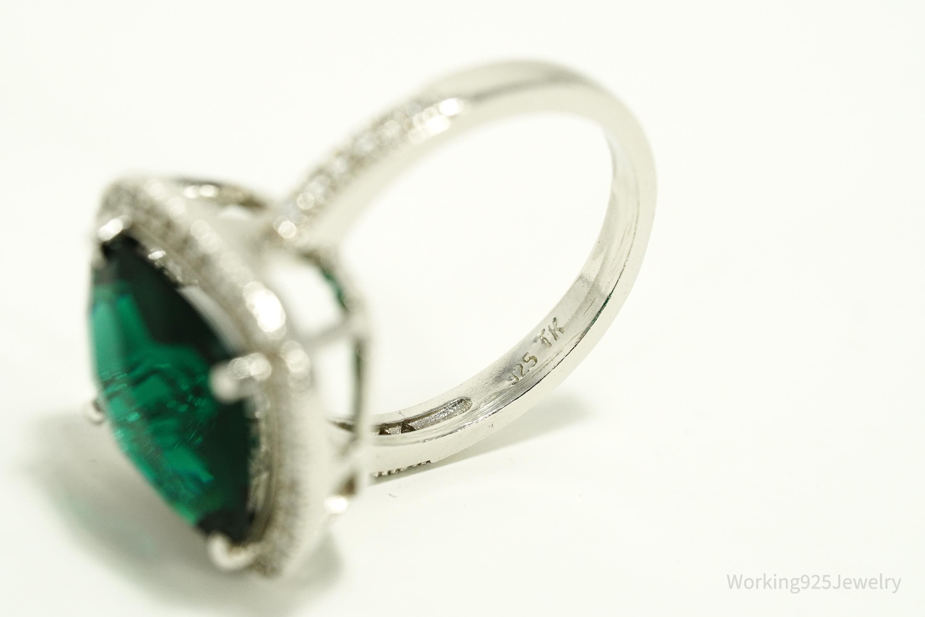 Vintage Faux Emerald & Cubic Zirconia Sterling Silver Ring - Size 7