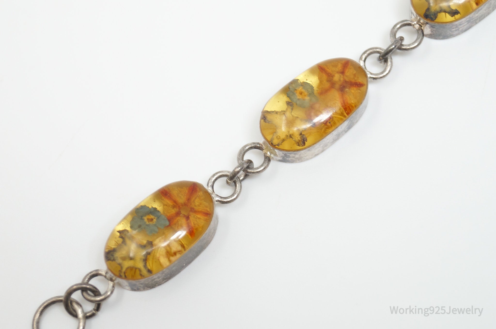 Vintage Pressed Flowers Resin Sterling Silver Bracelet