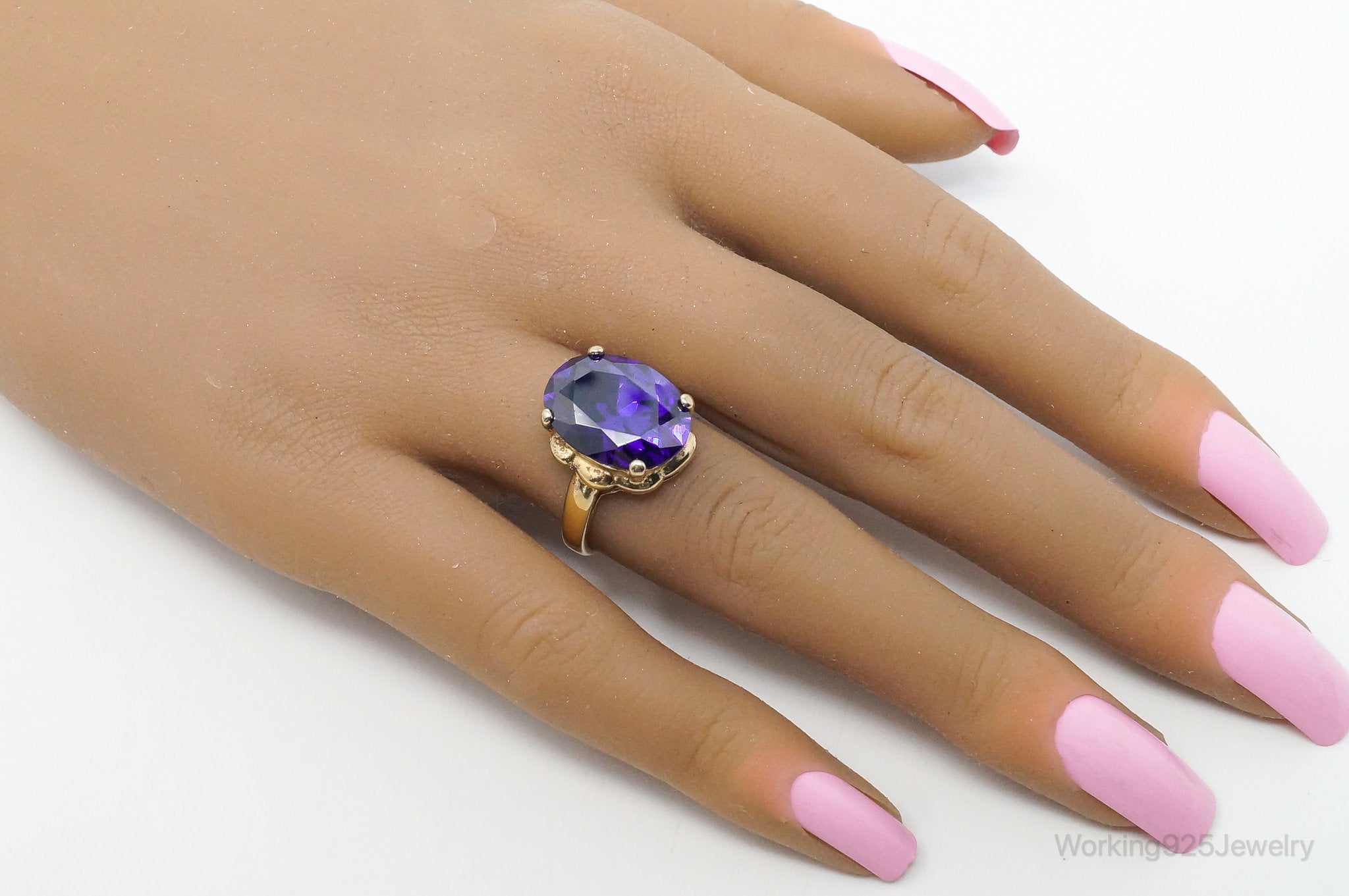 Vintage Large Purple Cubic Zirconia Gold Vermeil Sterling Silver Ring Size 7.75