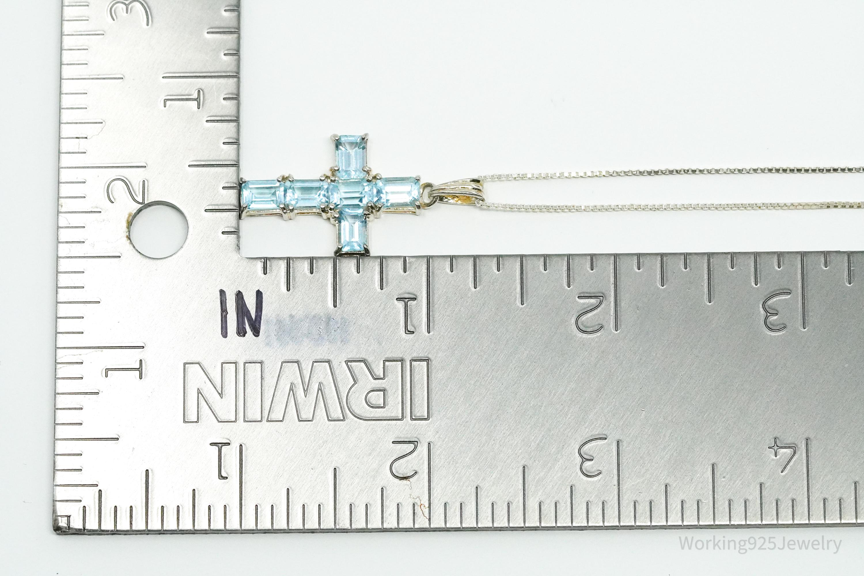Vintage Blue Topaz Cross Sterling Silver Necklace 18"