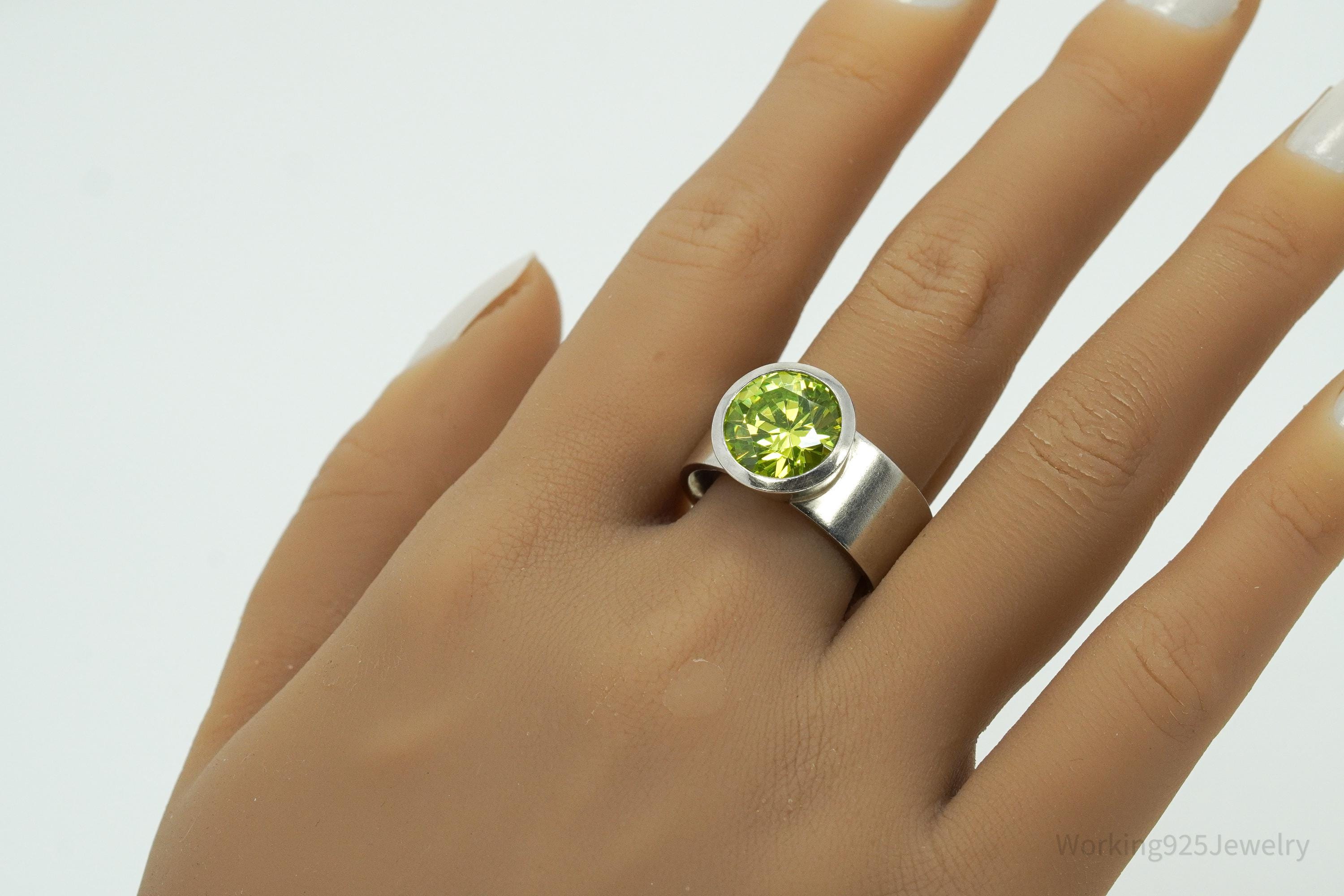 Vintage Large Green Cubic Zirconia Silver Ring - Size 9.75