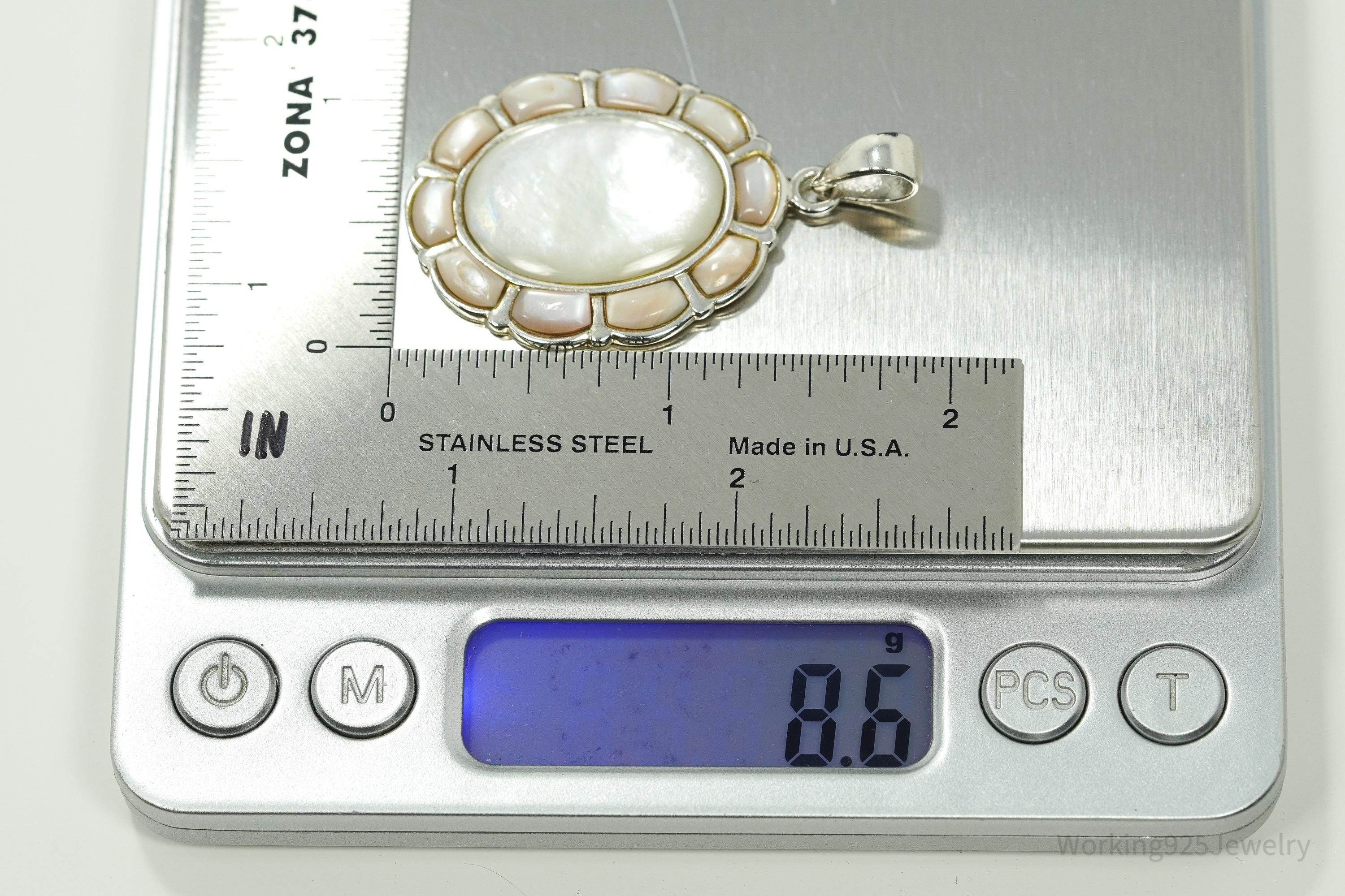 Vintage Large Mother Of Pearl Inlay Sterling Silver Pendant