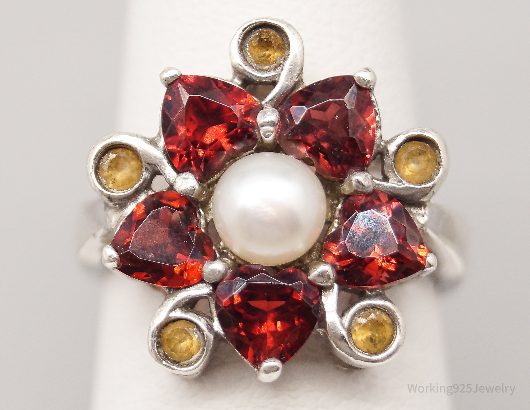 Vintage RS Pearl Citrine Garnet Sterling Silver Ring - Size 7.25