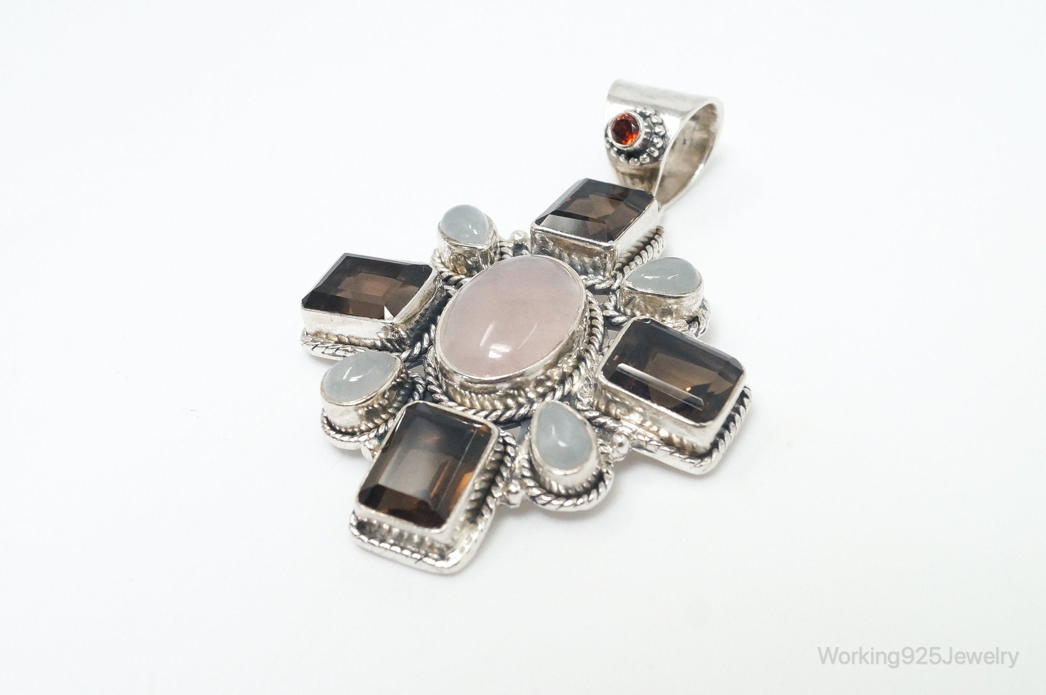 Vintage Smoky Topaz Rose Quartz Southwestern Cross Sterling Silver Pendant