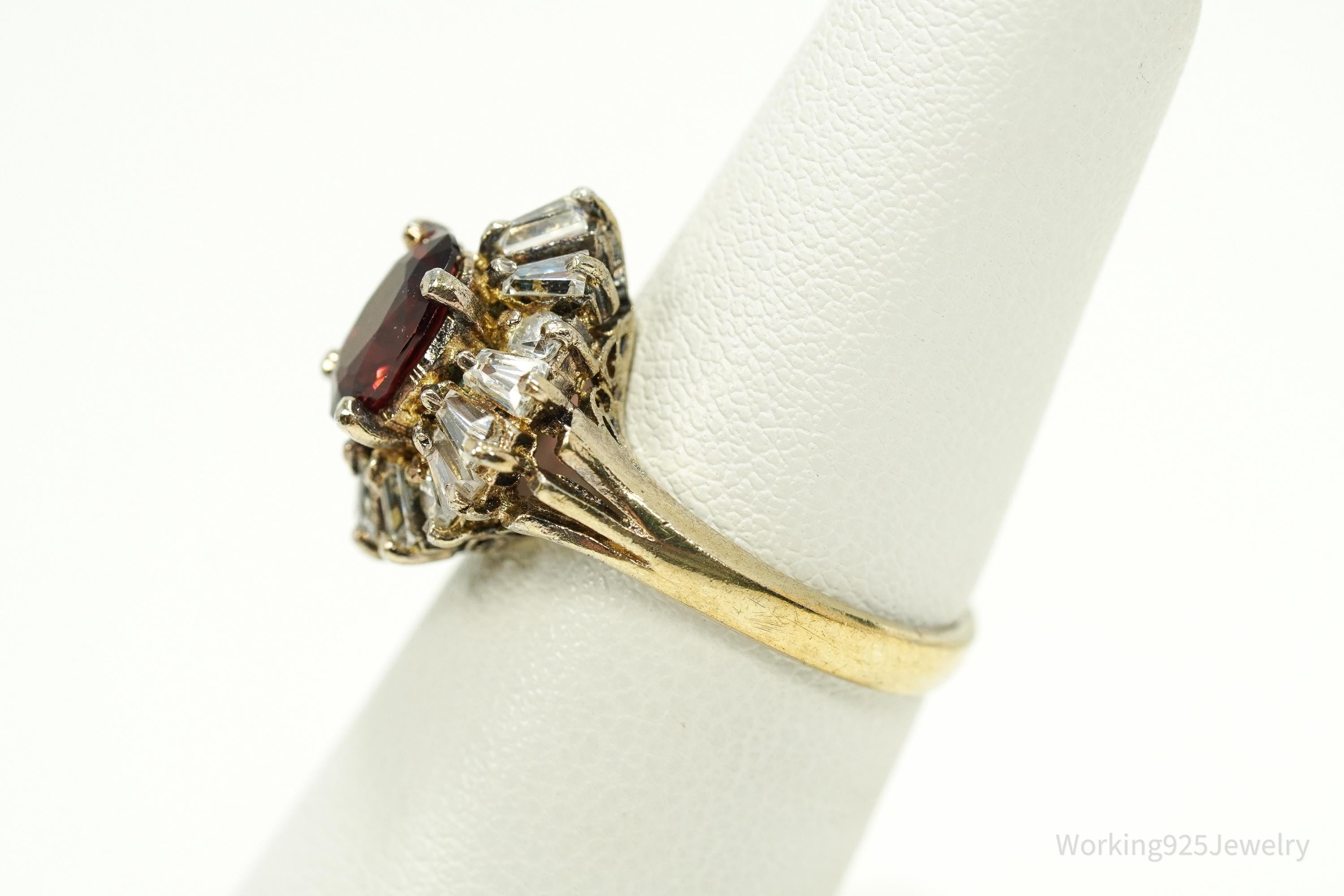 Vintage Garnet & Cubic Zirconia Gold Over Sterling Silver Ring Size 5.75