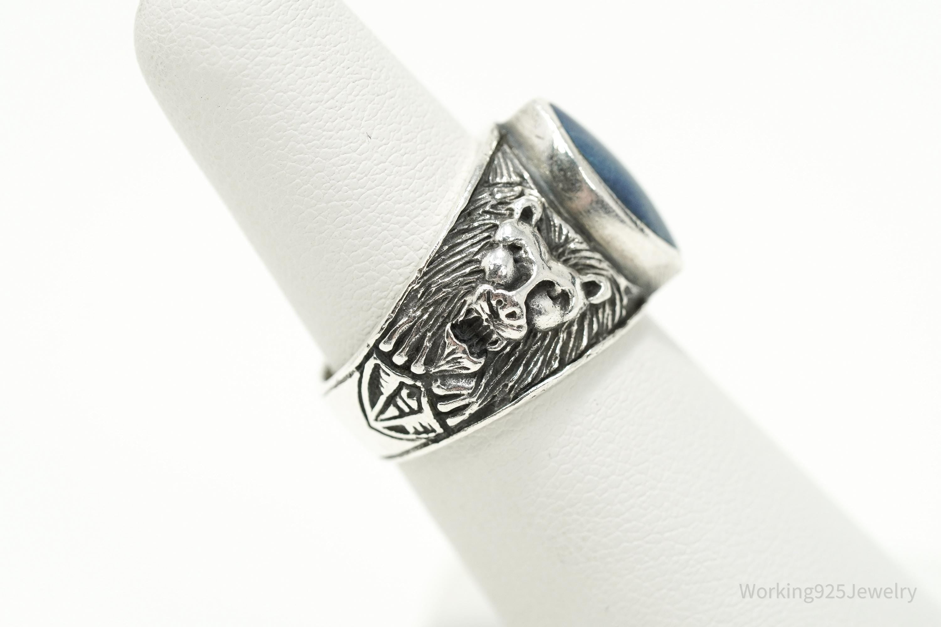 Vintage Blue Lapis Lazuli Lion Head Sterling Silver Ring - Size 6.5