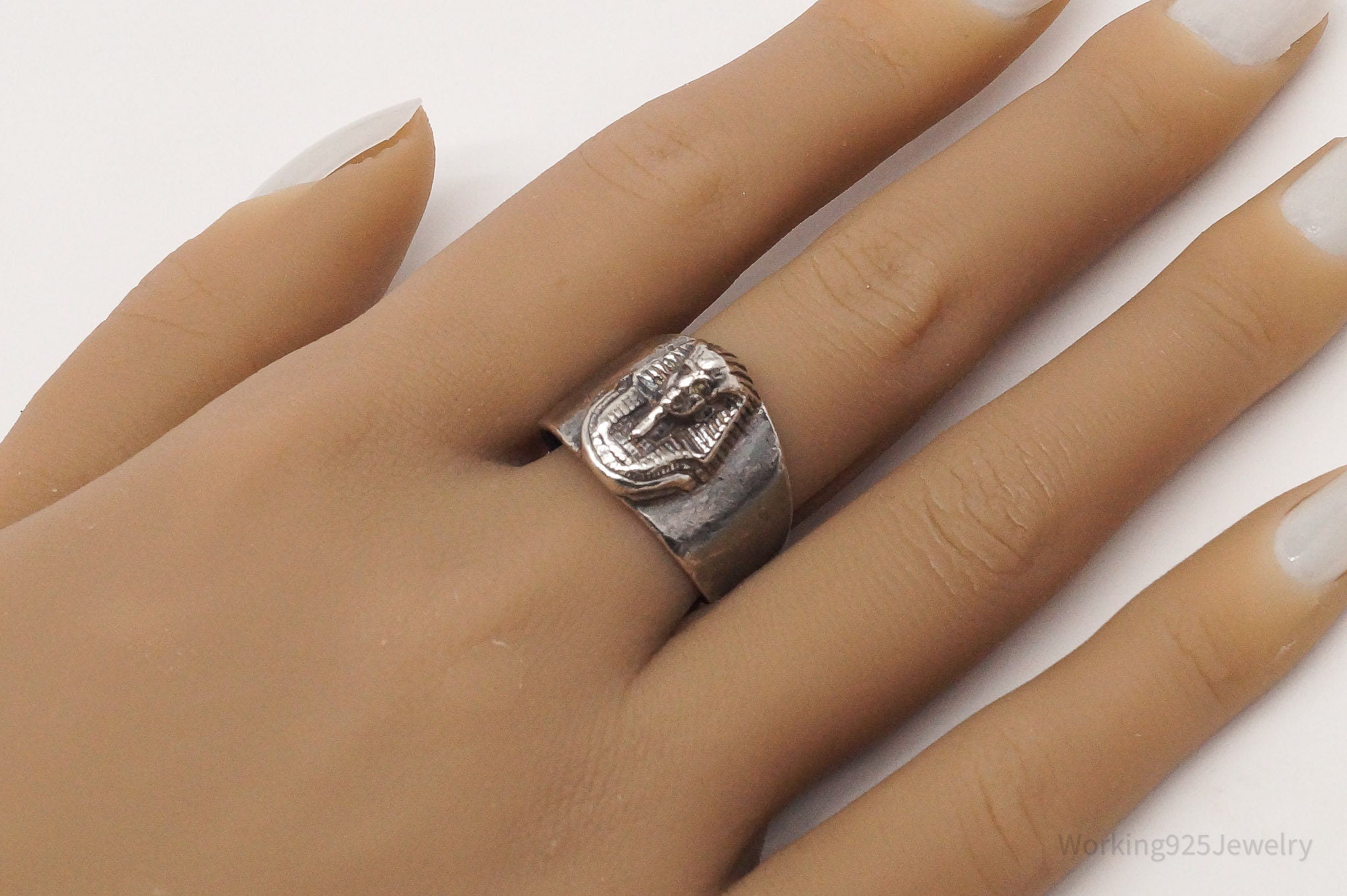 Vintage Egyptian Pharaoh Sterling Silver Ring - Size 9.75